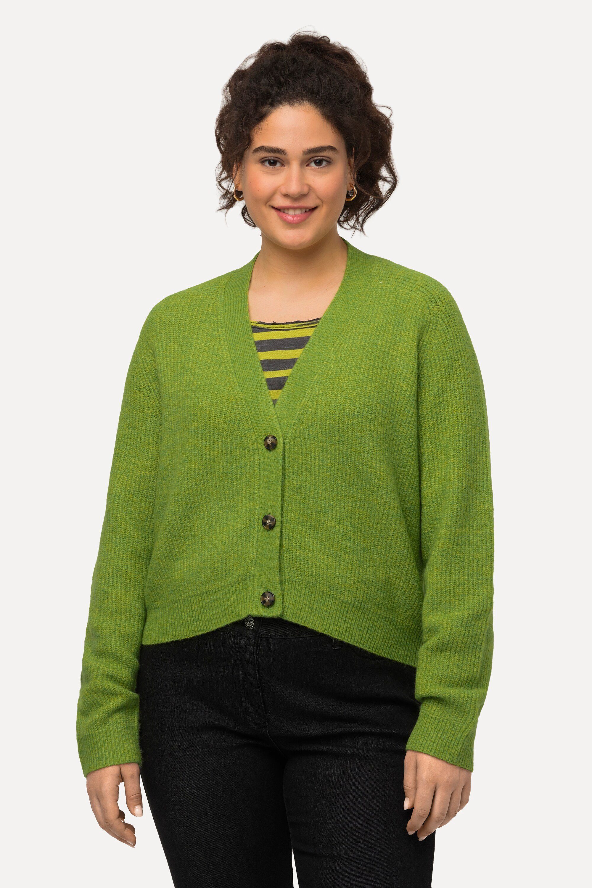 oliv Strickjacke Ulla Strickjacke Popken Raglanärmel Knopfleiste V-Ausschnitt