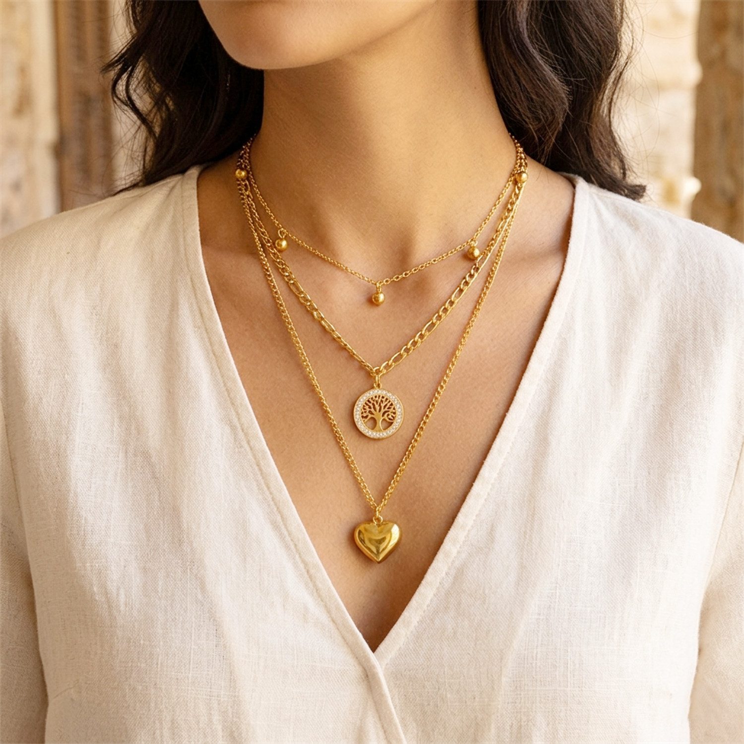 KARMA Kette mit Anhänger Layering Halskette Damen Gold Herz Lebensbaum (Statementkette, 1-tlg., Layering-Kette Geschenk für Sie), Titanstahl Damenkette Damenschmuck