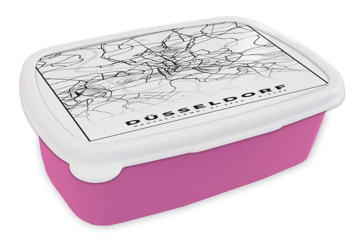 MuchoWow Lunchbox Düsseldorf - Karte - Stadtplan - Wegbeschreibung, Kunststoff, (2-tlg), Brotbox für Erwachsene, Brotdose Kinder, Snackbox, Mädchen, Kunststoff rosa
