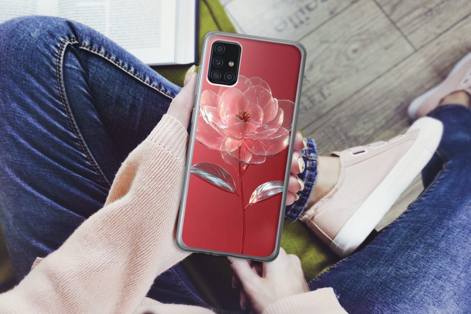 MuchoWow Handyhülle für Samsung Galaxy A52 5G Verziert - Blume - Rosa - Gläser, Smartphone-Bumper, Print, Handy Schutzhülle Dünn