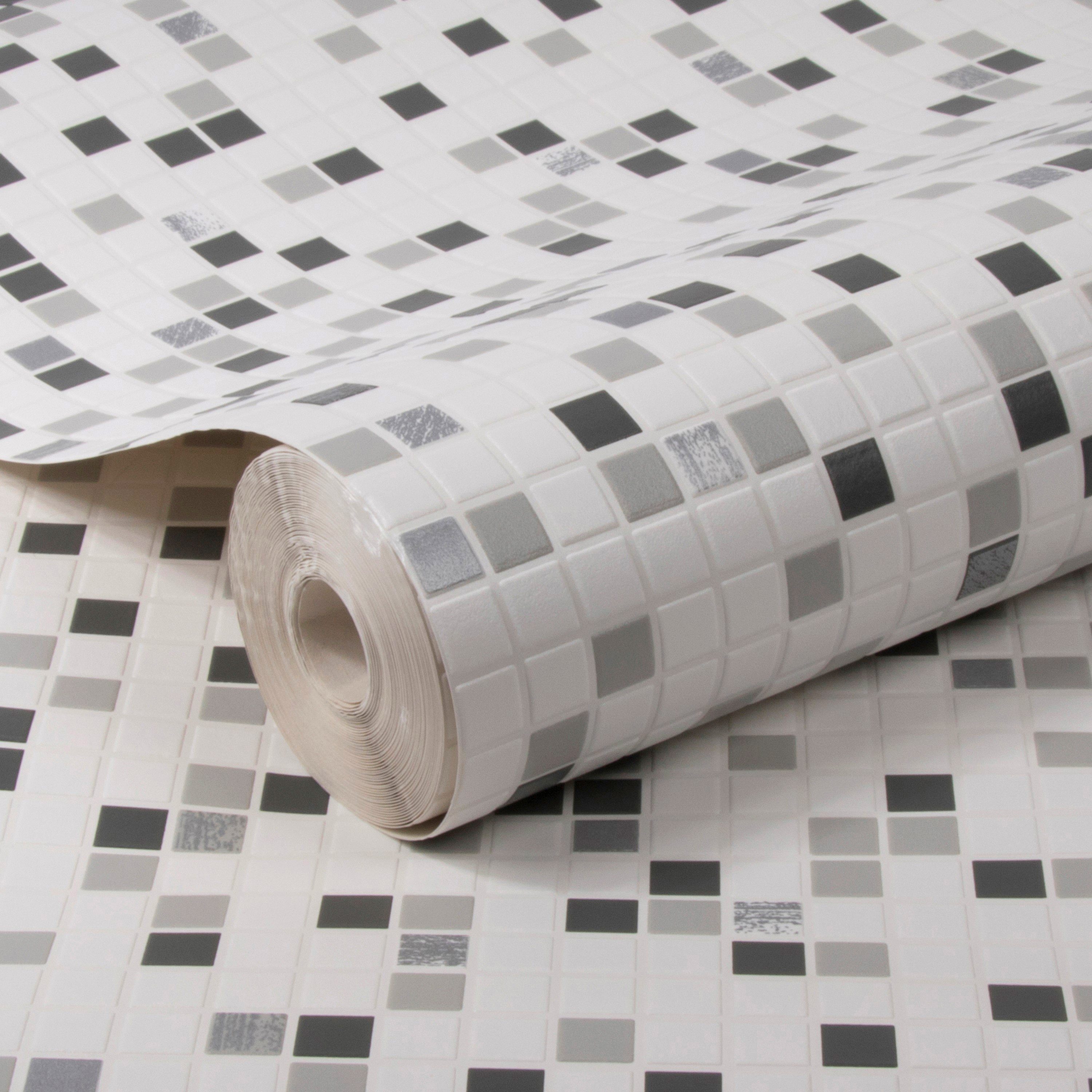 Papiertapete Checker, aufgeschäumt, Vinyltapete Mosaikfliesen schwarze/weiße Fliesen 10 m x 0.52 m