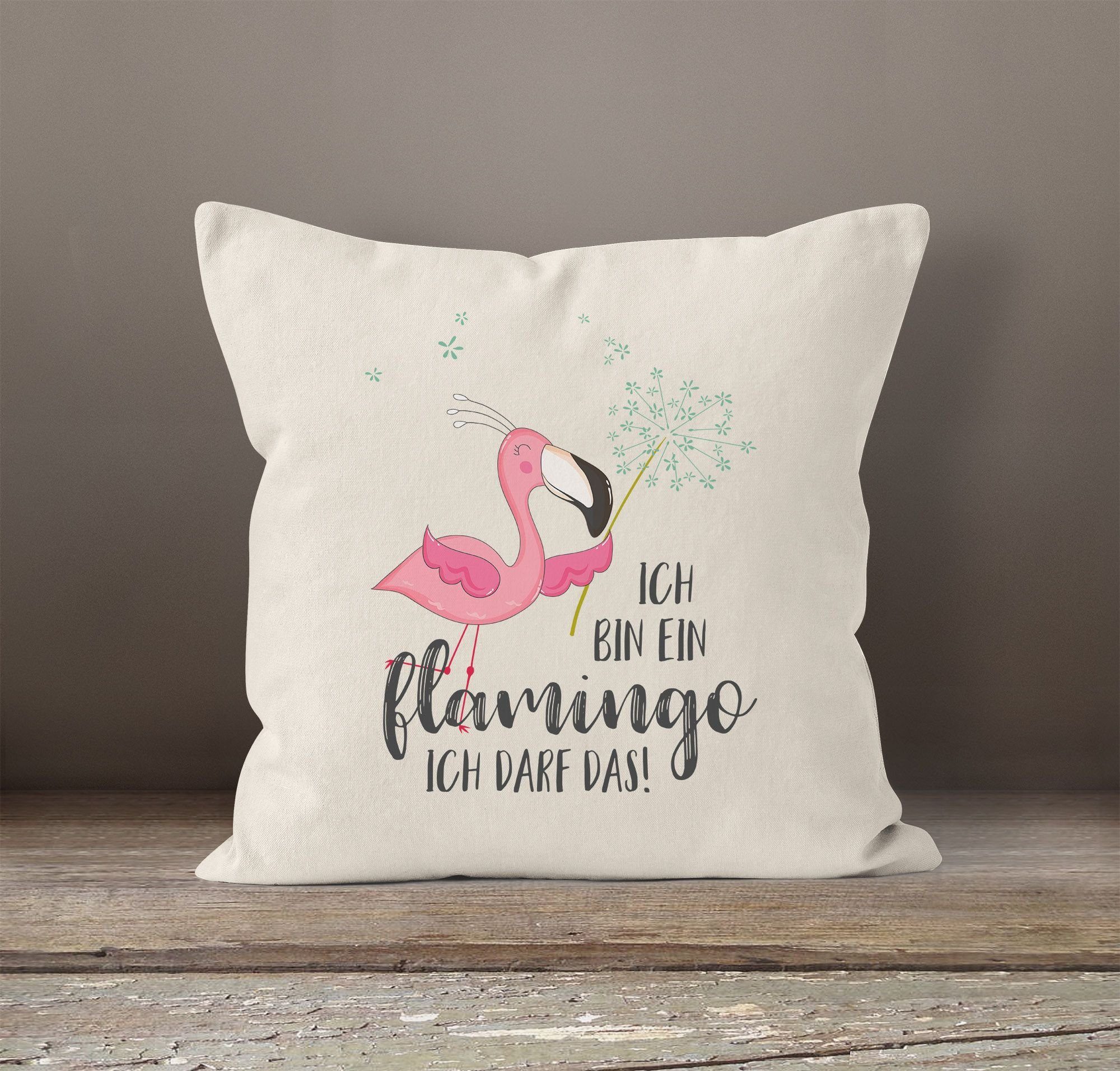 das Flamingo Deko-Kissen bin Pusteblume ein MoonWorks® Flamingo darf natur Kissen-Bezug ich MoonWorks Baumwolle Ich Kissen-Hülle Dekokissen Spruch
