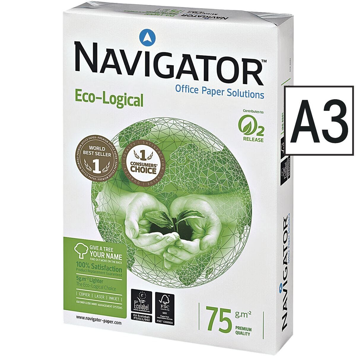 NAVIGATOR Druckerpapier Eco-Logical, Format DIN A3, 75 g/m², 169 CIE, 500 Blatt