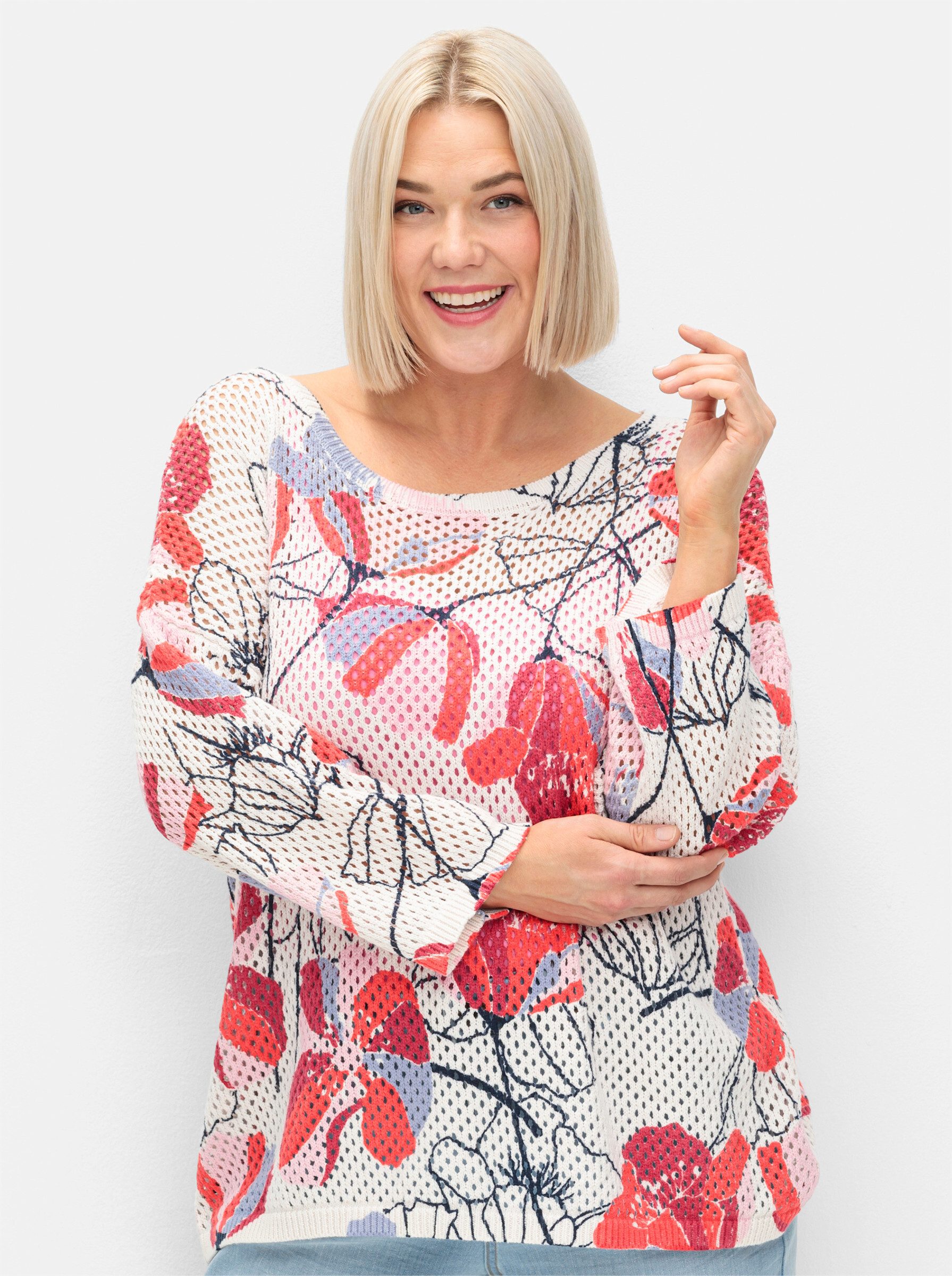 Sheego Strickpullover Pullover 3/4-Arm im Ajourstrick, mit Blumenmuster günstig online kaufen