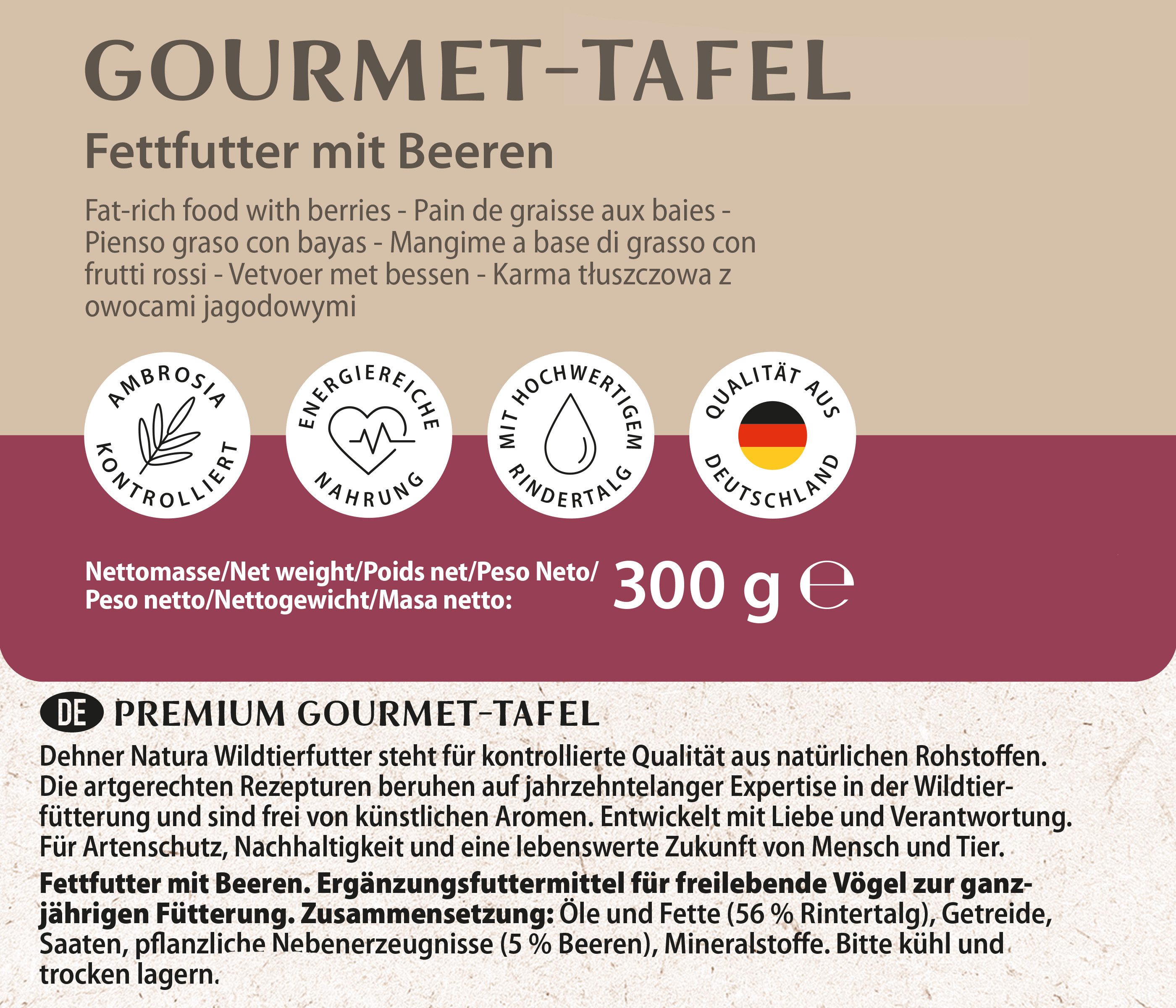 Dehner Natura Premium Beeren-Futtertafel, Wildvogelfutter, 12 x 300 g, Hauptfutter für: Wildvogel, Gartenvögel, hochwertiges Fettfutter, energiereiches Ganzjahresfutter