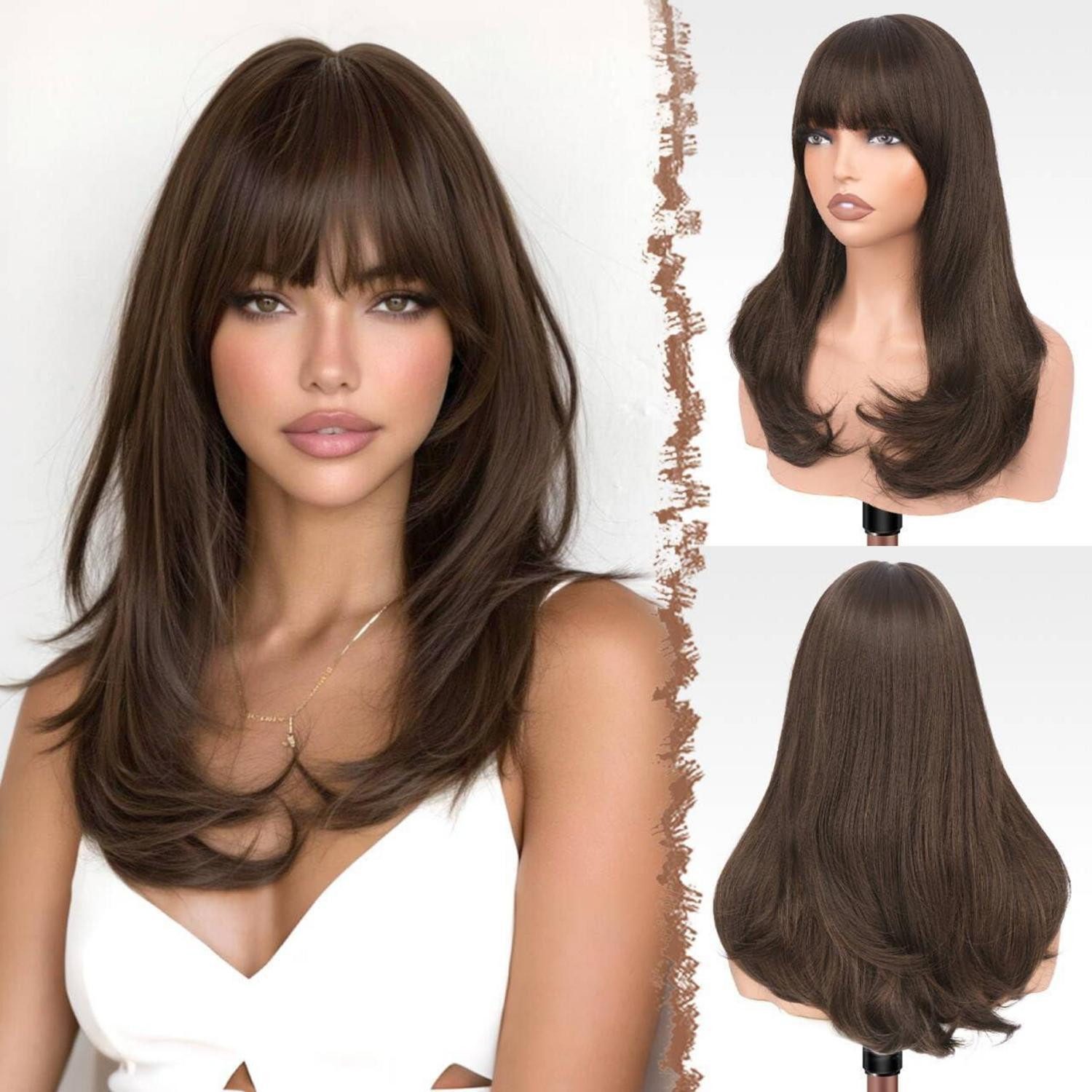 LuxusKollektion Kunsthaarperücke Perücke Damen Lang Pony Kunsthaar 45cm Party Braun mit Highlights