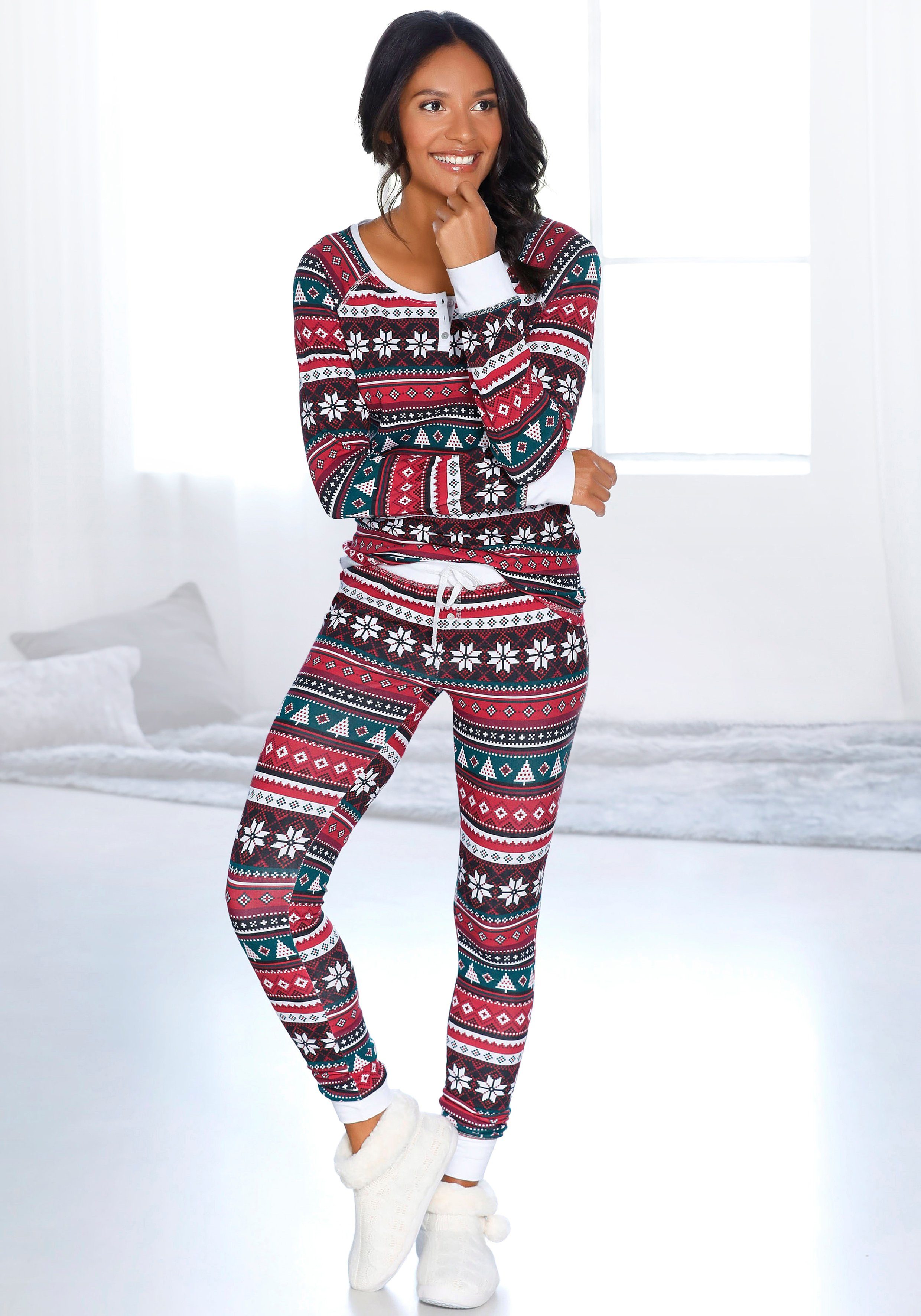 LASCANA Pyjama (2 tlg., 1 Stück) mit weihnachtlichem Muster