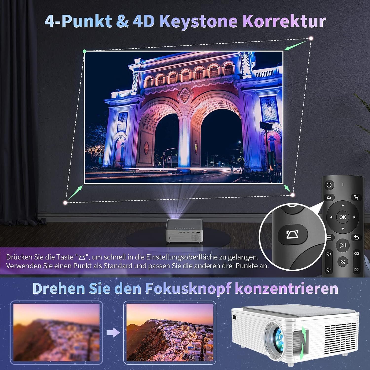 Smartphone/PC/TV HD (12000:1, Full UHD WiFi/Bluetooth Projektor Box) Portabler Heimkino WISELAZER Beamer 4K