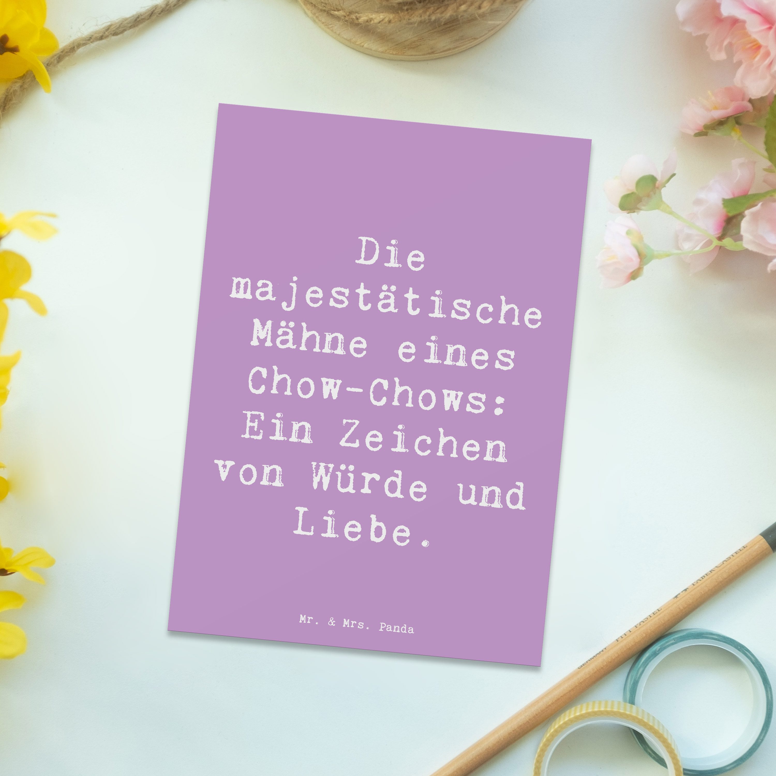 Thumbnail - Mr. & Mrs. Panda Postkarte Spruch Chow-Chow Mähne - Lavendeltraum - Geschenk, flauschige Mähne