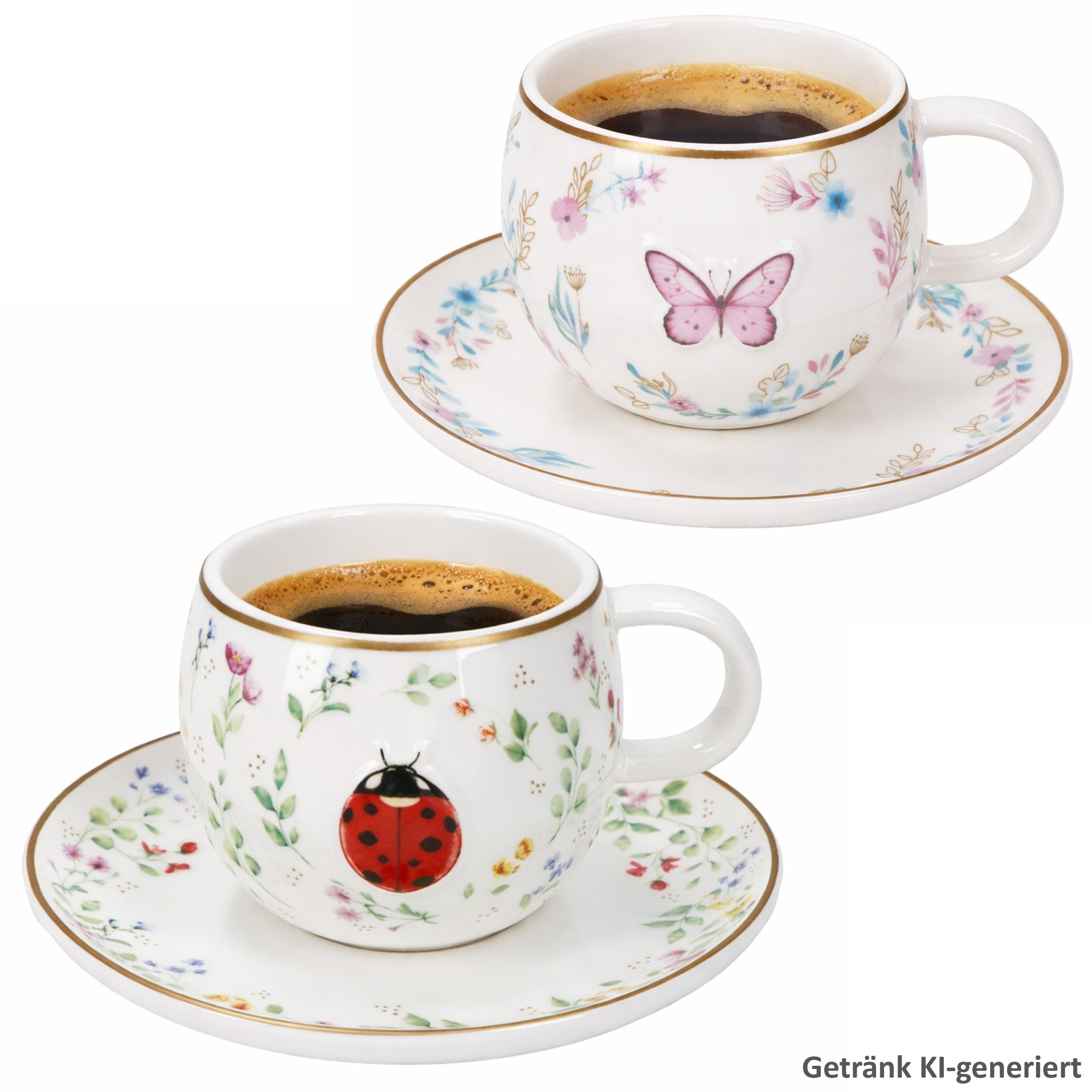 MamboCat Tasse MamboCat Fancy Garden Marienkäfer&Schmetterling 2er Set Espressotasse, Porzellan