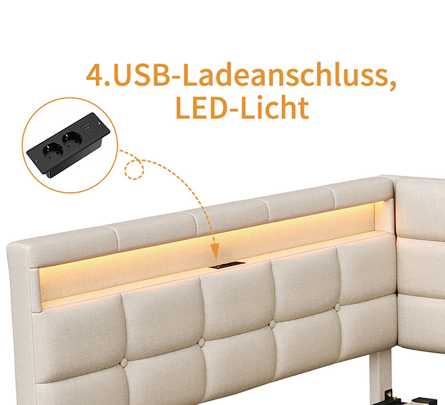ADWOLT Schlafsofa Daybett Polsterbett Mit LED-Licht und USB-Anschluss, Set 1 Teile, 140x200 cm,Mit 2 Schubladen,Leinenstoff-Beige