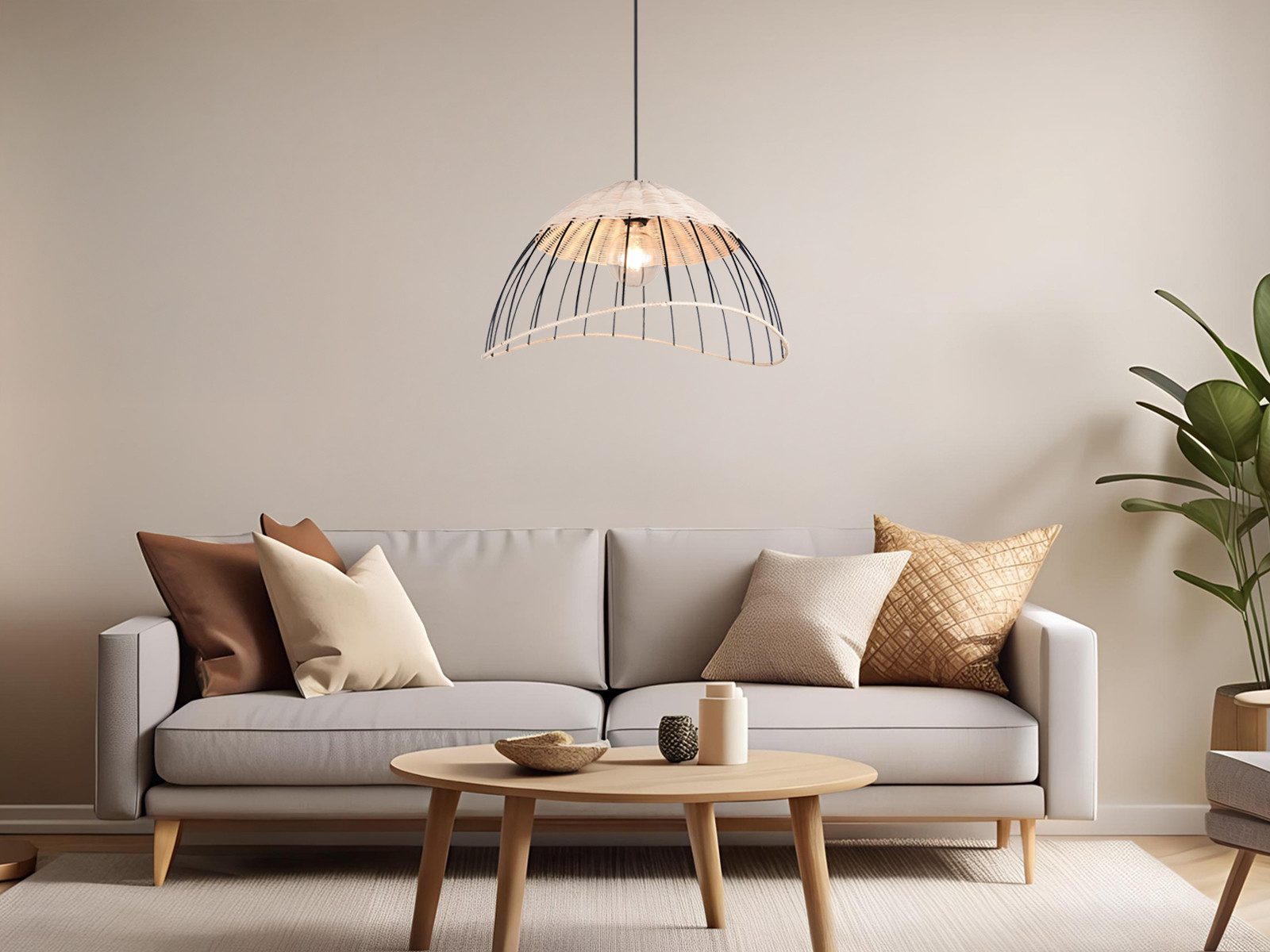 Reality Leuchten LED Pendelleuchte, Dimmfunktion, LED wechselbar, über Lichtschalter in 3 Stufen dimmbar, warmweiß, Groß-e Rattan-lampe Lampenschirm geflochten hängend Esstisch, Ø 48cm