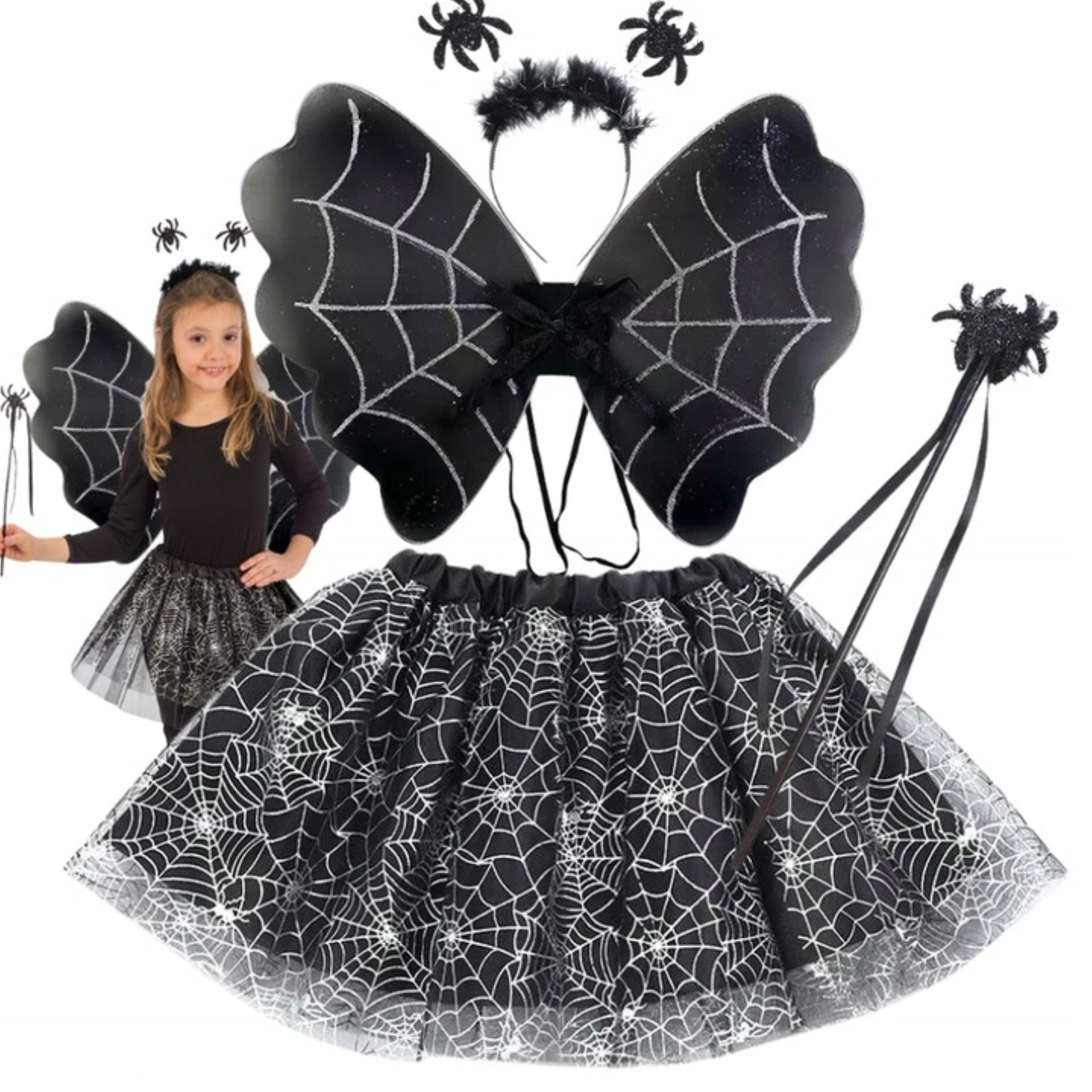 Partyanzug Kinder Kostüm Spinne Rock Flügel Haarreif Halloween 3-5 Jahre