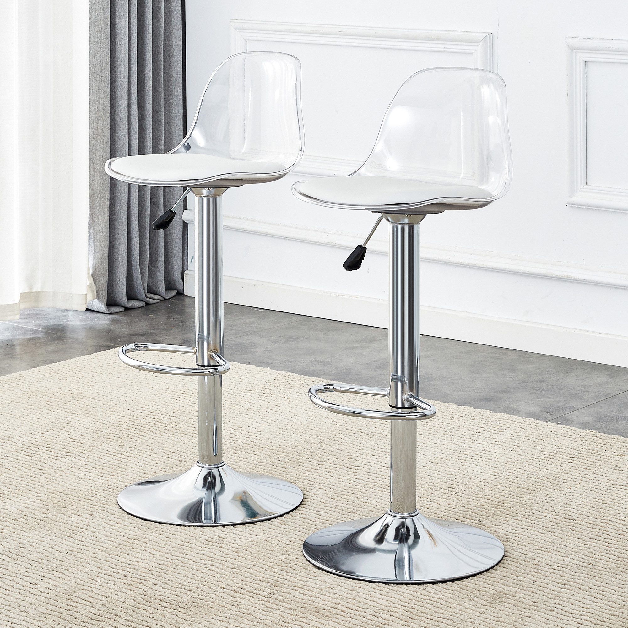 MODFU Drehhocker 2er-Set Barstühle höhenverstellbar (82–104 cm) (2 St., mit transparenter Rückenlehne), drehbarem Sitz & Metallgestell – stilvolle Küchen