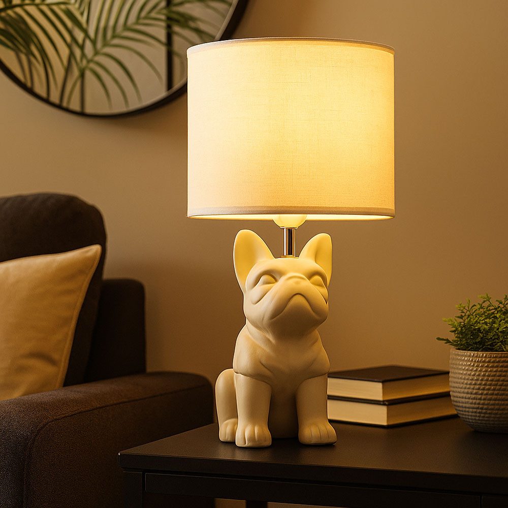 GLOBO LIGHTING Tischleuchte, Leuchtmittel nicht inklusive, Tischleuchte Nachttischlampe Leselampe Hund Keramik Textil sand H 40cm