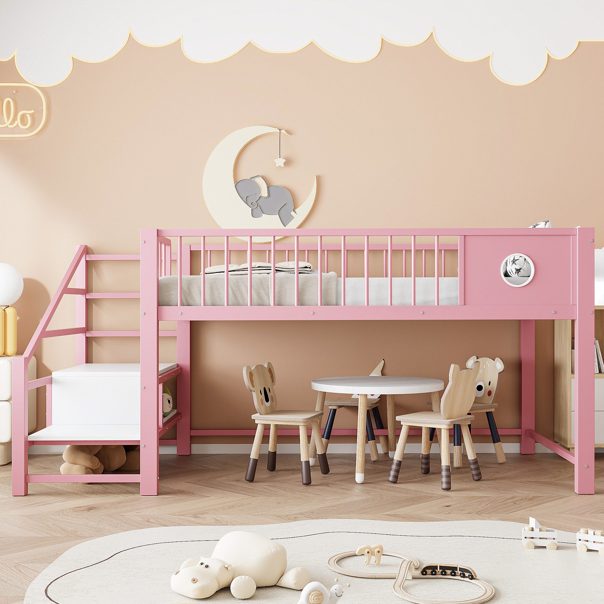 Celya Hochbett Kinderhochbett mit Stauraumleiter (ohne Matratze, 90 x 200 cm, stabilem Metallrahmen) Leiter, Stauraum, platzsparendes Design