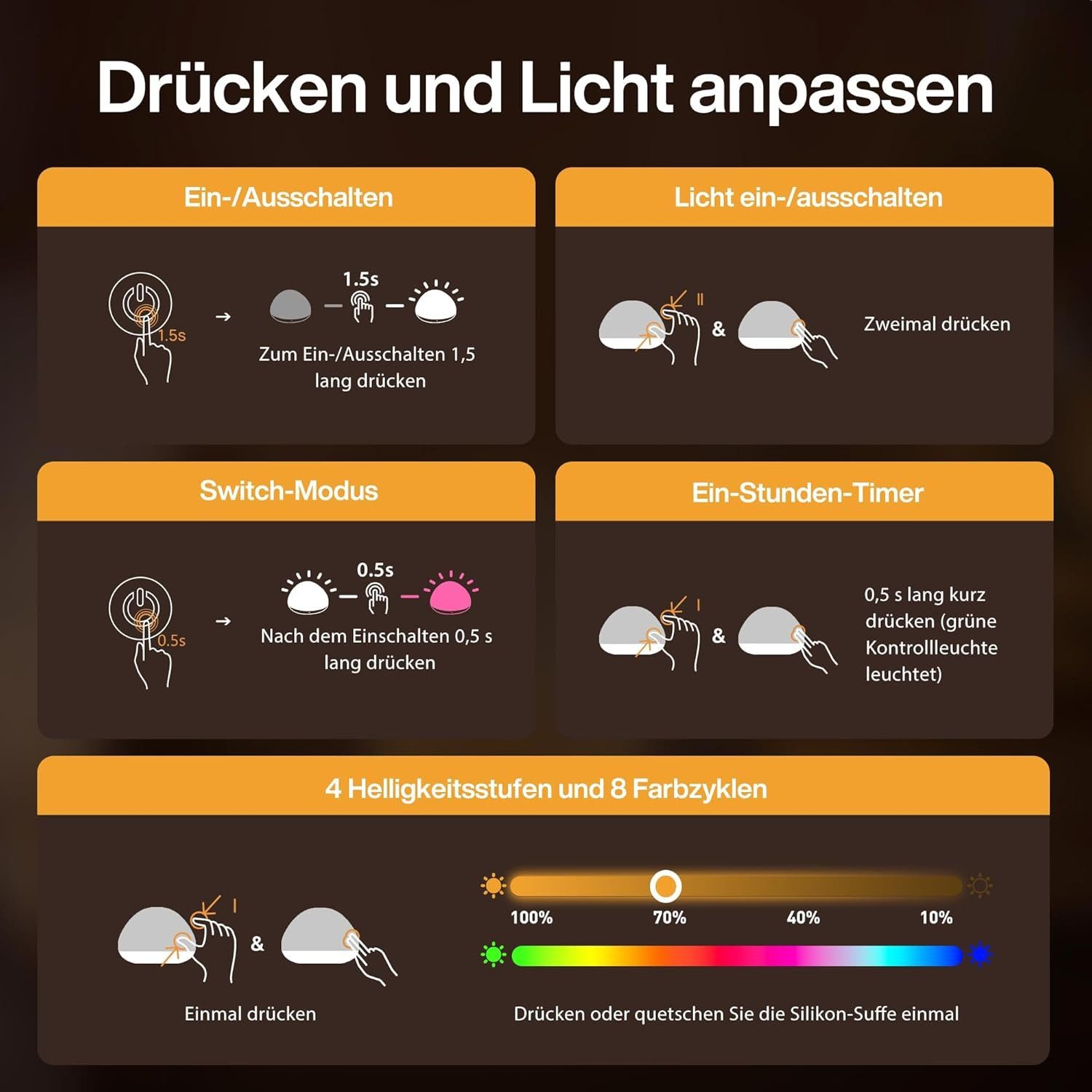 Jolywell LED Nachtlicht JW-CL003, LED fest integriert, Dimmbar, RGB-Farbwechsel, Touch-Steuerung, USB-C wiederaufladbar – Bild 5 von 5