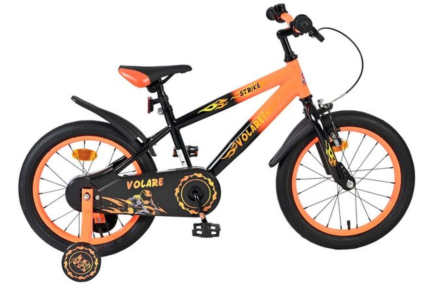 Kinderfahrrad Strike 16 Zoll für Jungen – Orangefarben, zwei Handbremsen, Stützräder
