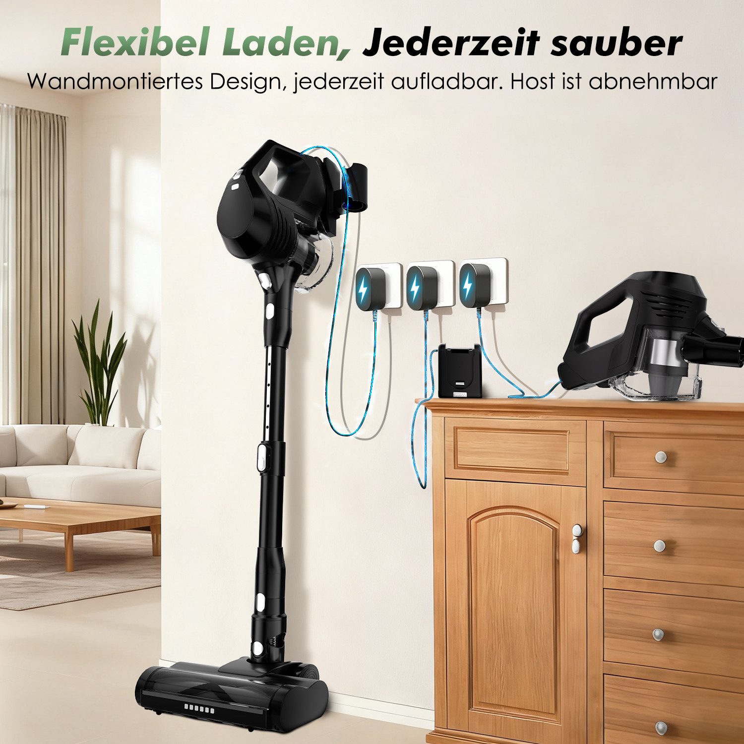 Adormii Akku-Hand-und Stielstaubsauger Akku Staubsauger 60000pa, Staubsauger Kabellos, 60Min/1,8L, beutellos,Smart LED-Display,4*HEPA,Filterwirkung 99,99 %,LED und Anti-Verwicklungs-Bodenbürste, Akkustaubsauger für Teppich, Hartböden, Tierhaare