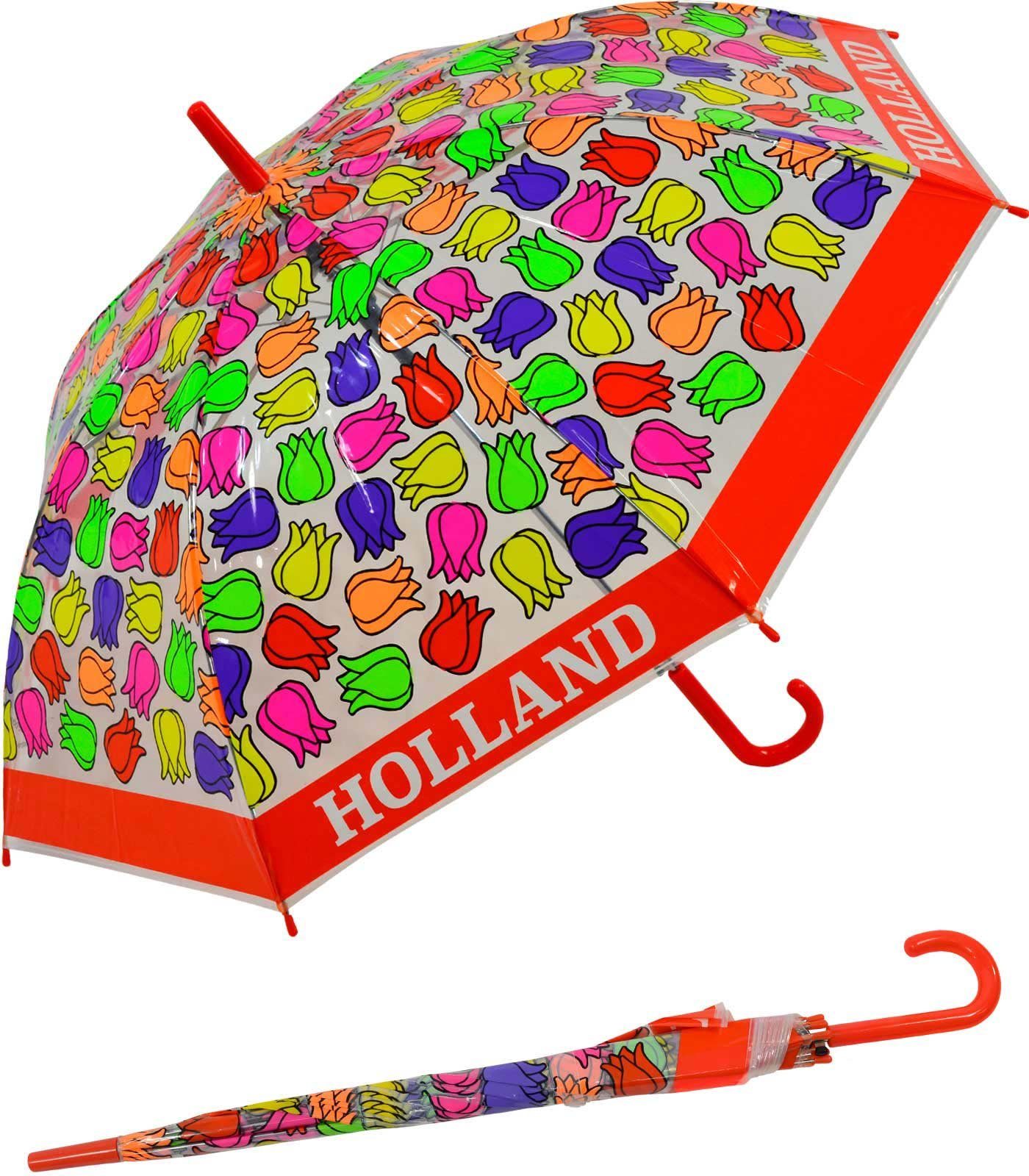 Impliva Langregenschirm Falconetti transparent - Kinderschirm durchsichtig rot bunt Tulpen