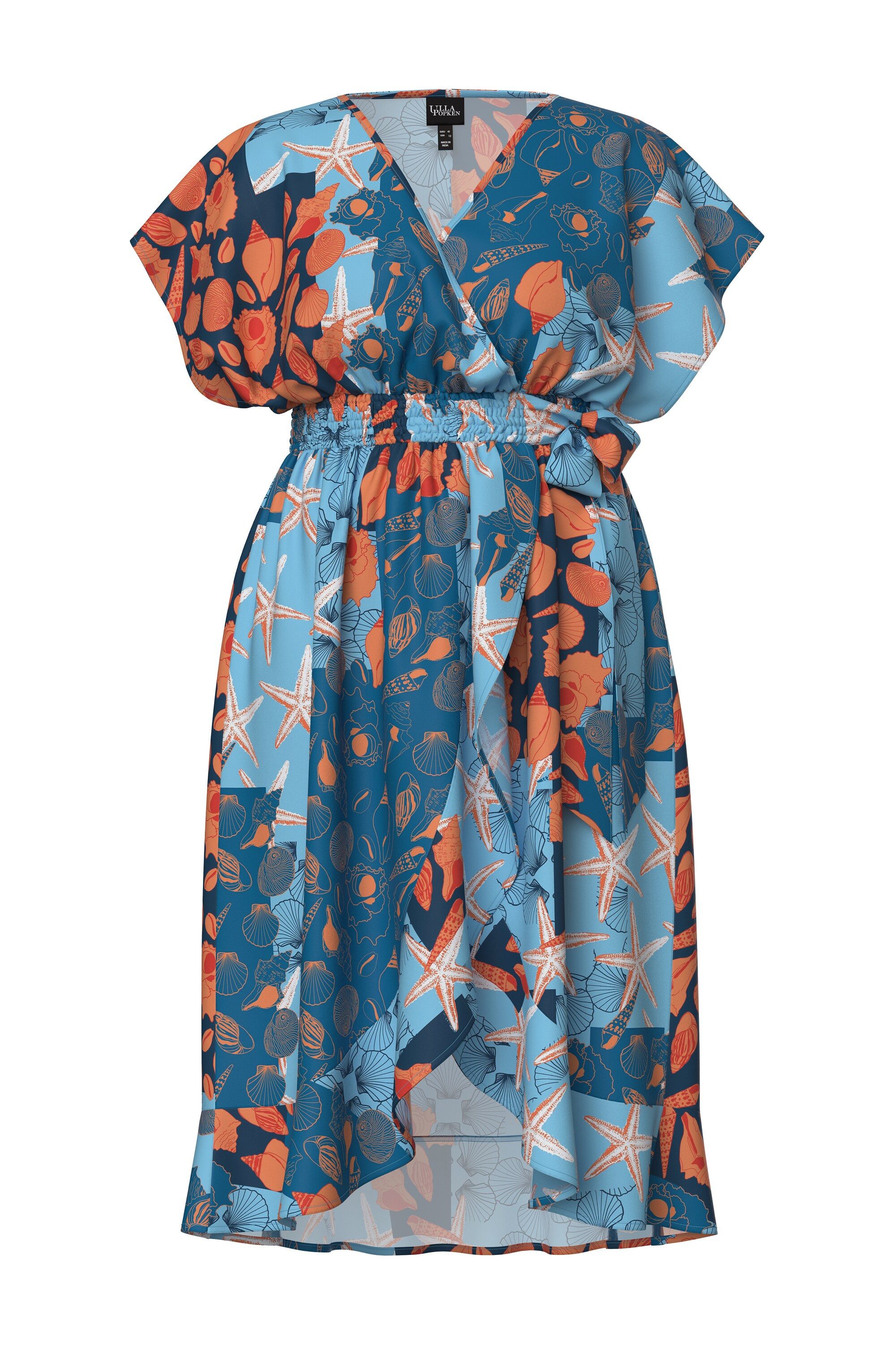 Ulla Popken Strandkleid Wickel-Kaftan Meeresmotive V-Ausschnitt Halbarm