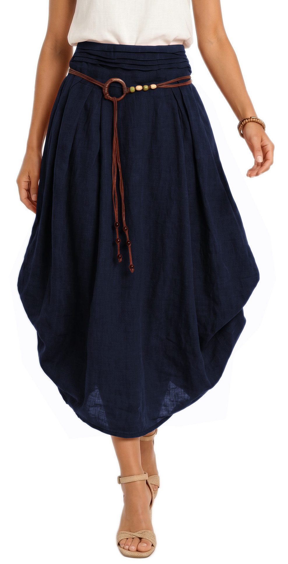 dy_mode Ballonrock Damen Leinenrock Midi Ballonrock Sommerrock Midirock in Unifarbe, mit Teil-Gummibund, Variabler 2-in-1 Look