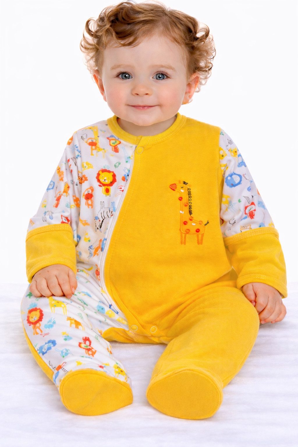 La Bortini Strampler Baby Overall Einteiler in Gelb mit Safari Muster für Neugeborene (Romper mit Füßchen, lang, unisex)