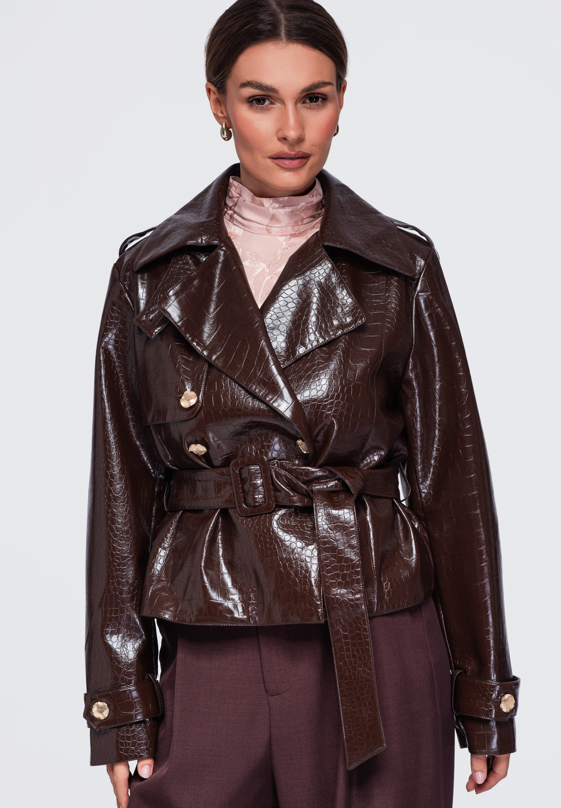 OMBRE Lederimitatjacke Damen Lederimitatjacke mit Taillengürtel Braun M (kein Set, 1-St)
