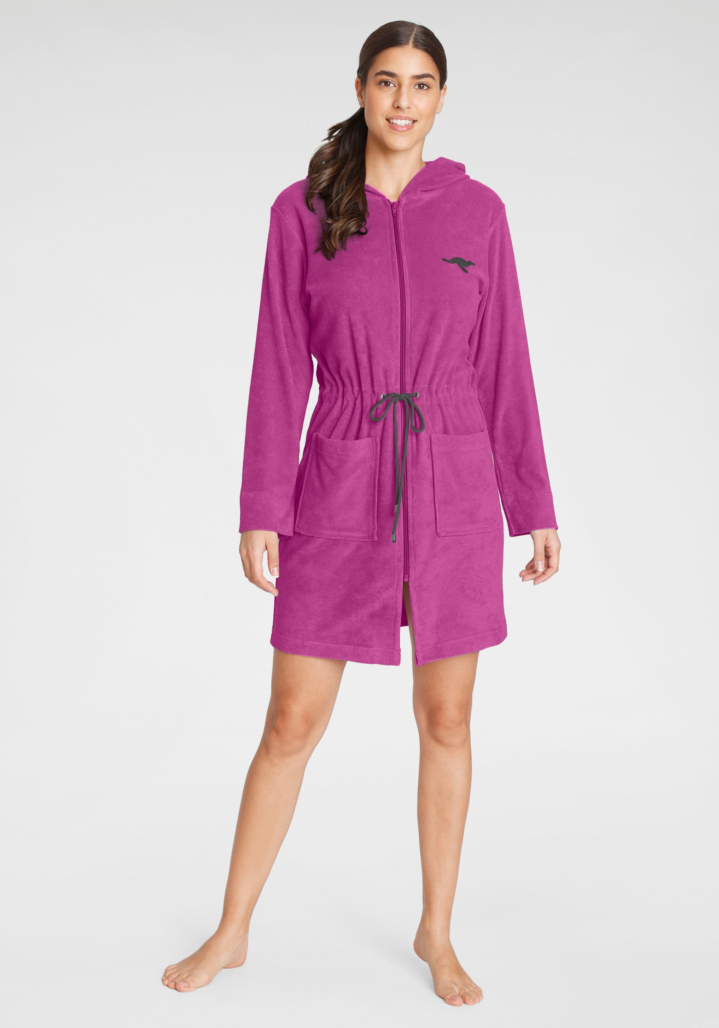 KangaROOS Damenbademantel Kira, ideal für Sauna & Spa, Hotelbademantel, Morgenmantel, Kurzform, Leichtfrottier, Kapuze, Reißverschluss, mit Bindekordel, kurz, Bademäntel für Damen, XS-3XL