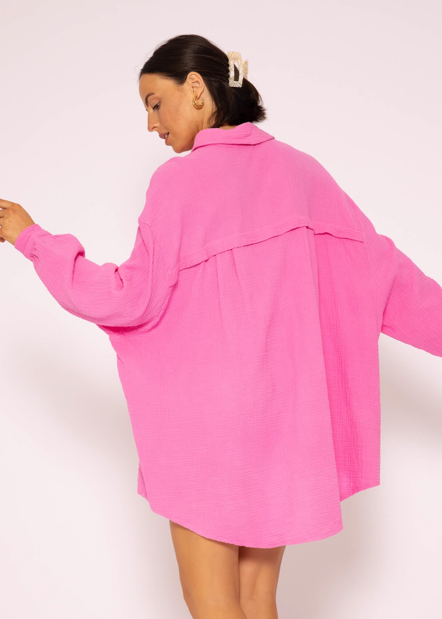 SASSYCLASSY Longbluse lang (Gr. Hemdbluse Damen Size aus Bluse Pink Baumwolle 36-48) Langarm One Oversize mit V-Ausschnitt, Musselin