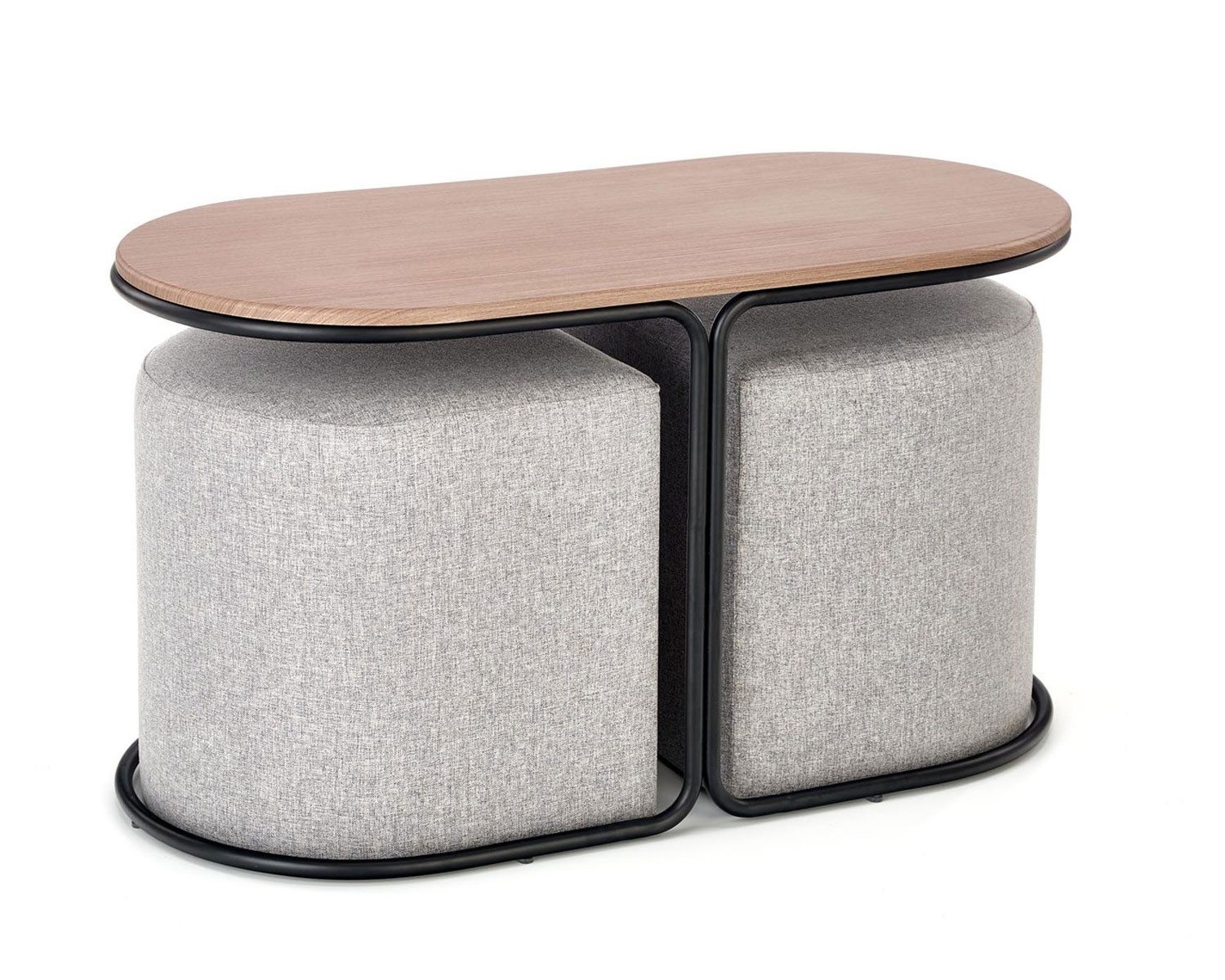 Feldmann-Wohnen Couchtisch Pampa (ovale Tischplatte 88x43 cm, 1-St., moderner Optik, mit abgerundeten Ecken, Gestell aus Metall), 88x43x49cm Nussbaum / schwarz / aschgrau mit 2 Hocker
