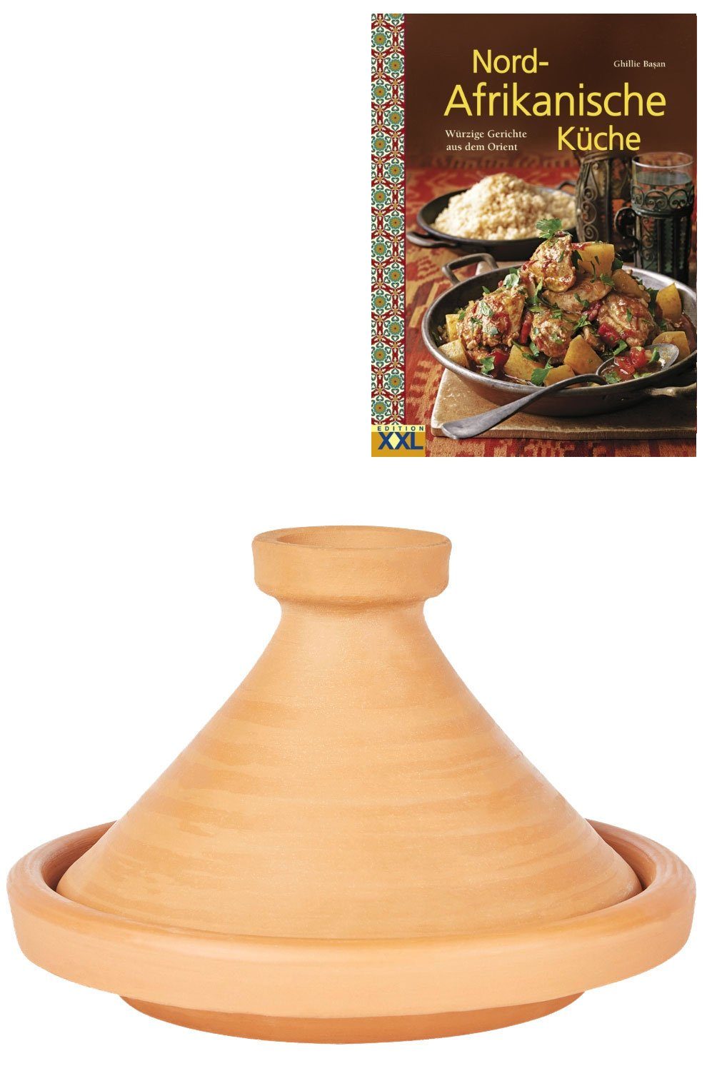 Marrakesch Orient & Mediterran Interior Dampfgartopf 2er Set, Tajine Tagine Aladin 35 cm + Nord-Afrikanische Küche Kochbuch, Ton (2-tlg), Handarbeit