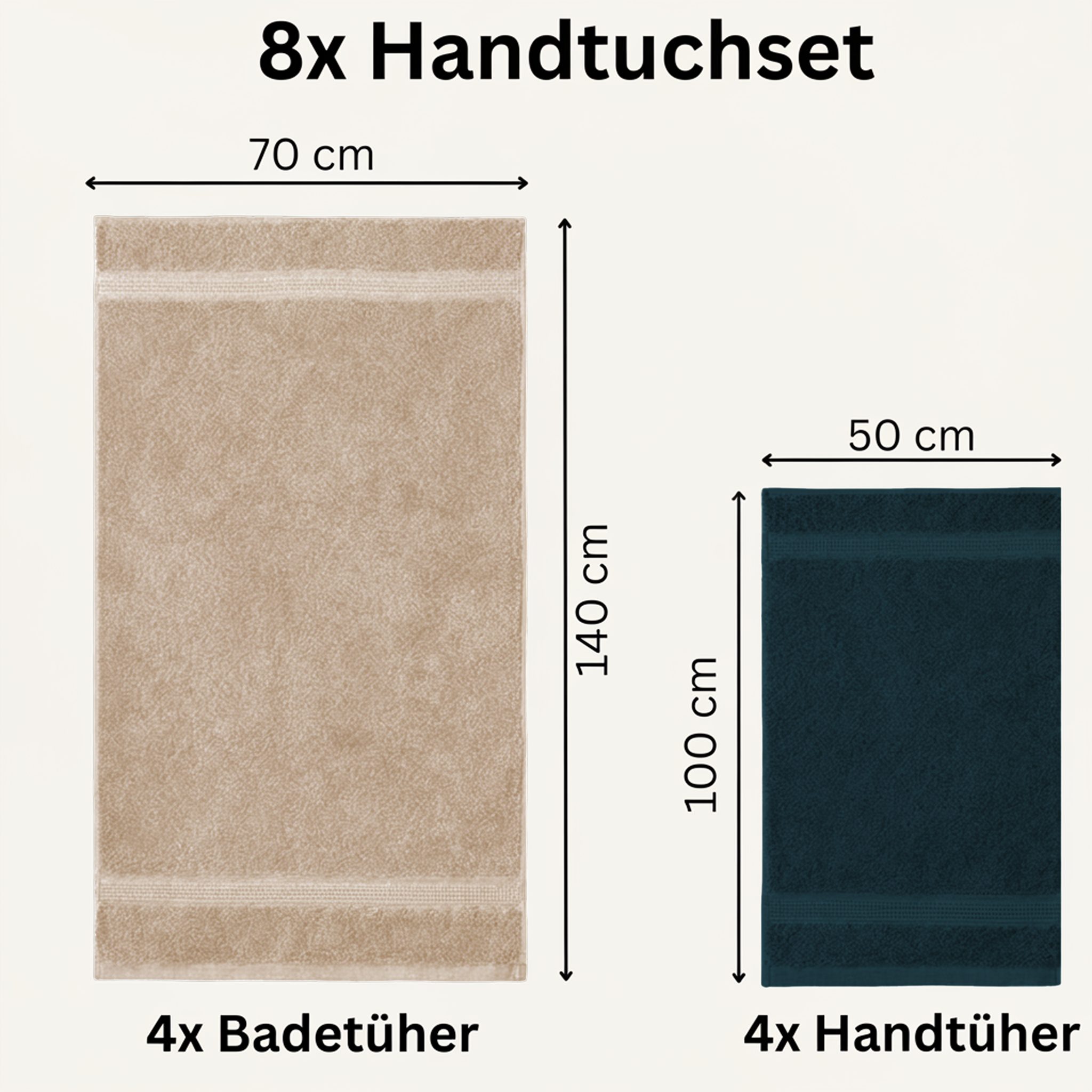 Komfortec Handtuch Set aus 100% Baumwolle, 4 Handtücher 50x100 cm und 4 Badetücher 70x140 cm, Frottee (Packung, 8-St), Duschtücher & Badehandtuch, Weich, Towel, Groß