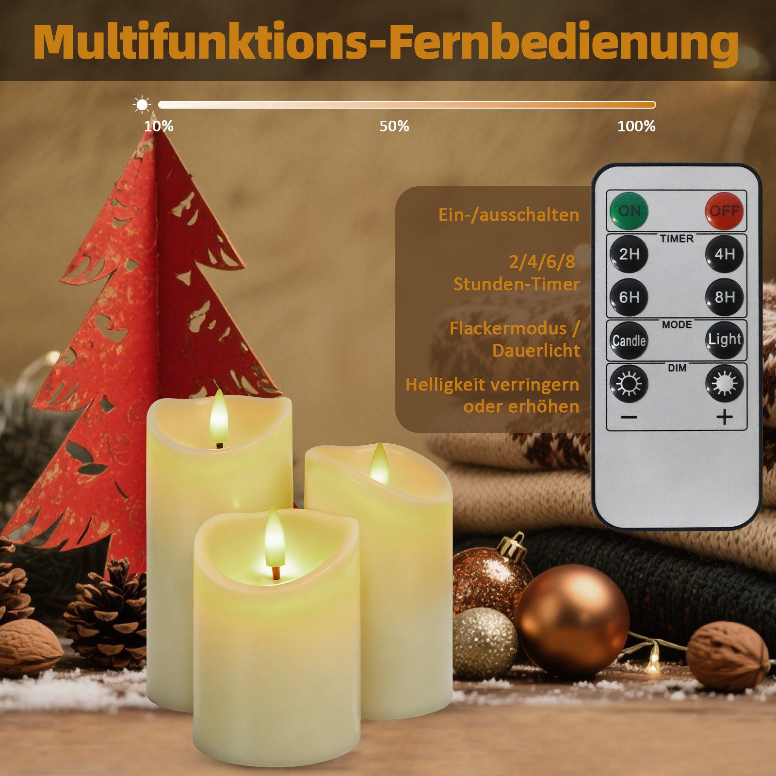 OZAVO LED-Kerze 3er set Aufladbar LED Kerzen mit Fernbedienung & Timer, Warmweiß, Bis zu 70 Stunden Betriebszeit, zwei Modi, Flammenlose Flackernde kerzen für H – Bild 4 von 5
