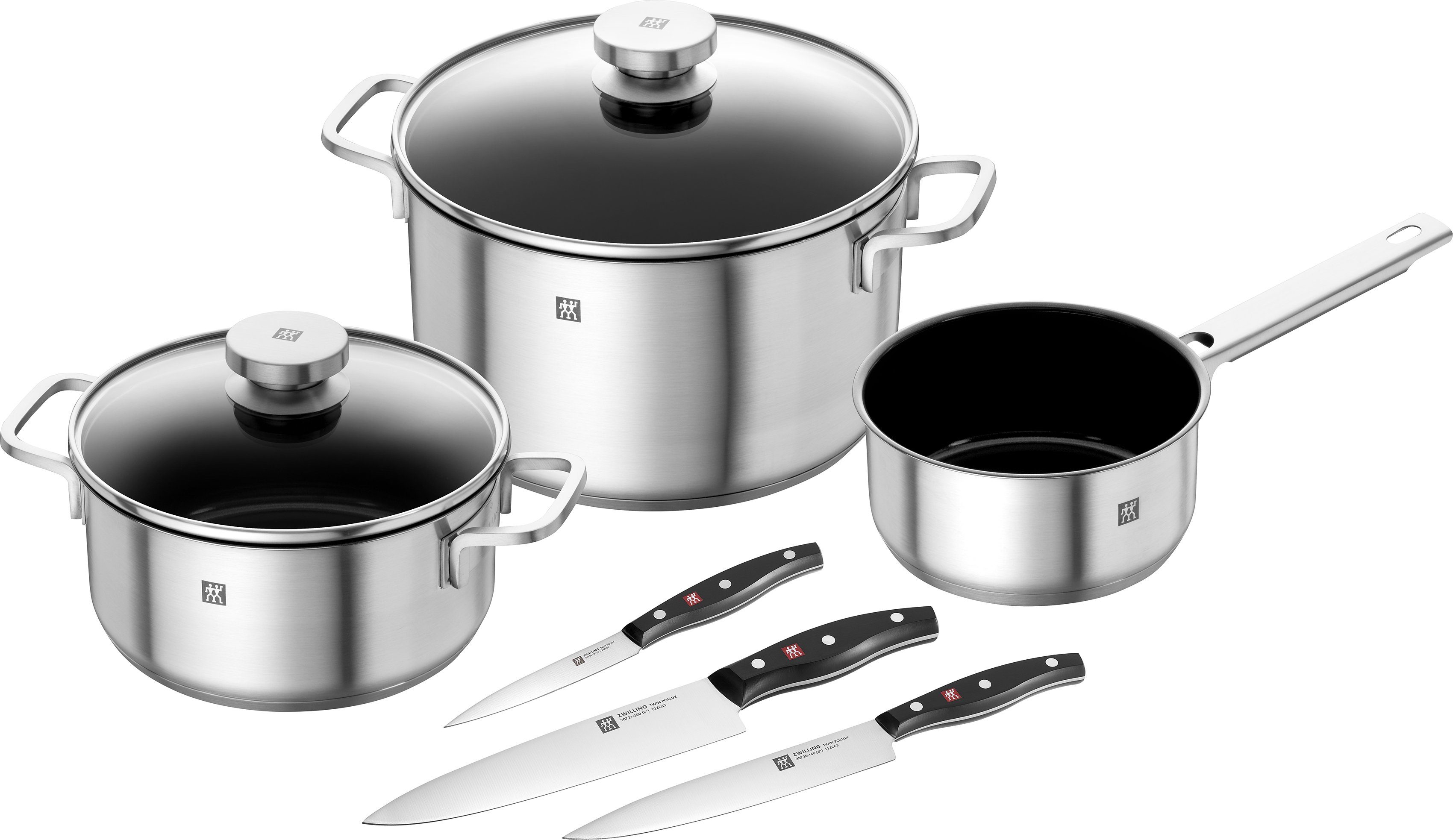 Zwilling Topf-Set Focus/Twin Pollux, Edelstahl (Set, 6-tlg), Edelstahl, beschichtet, Induktion, inkl. 3-teiligem Kochmesser-Set