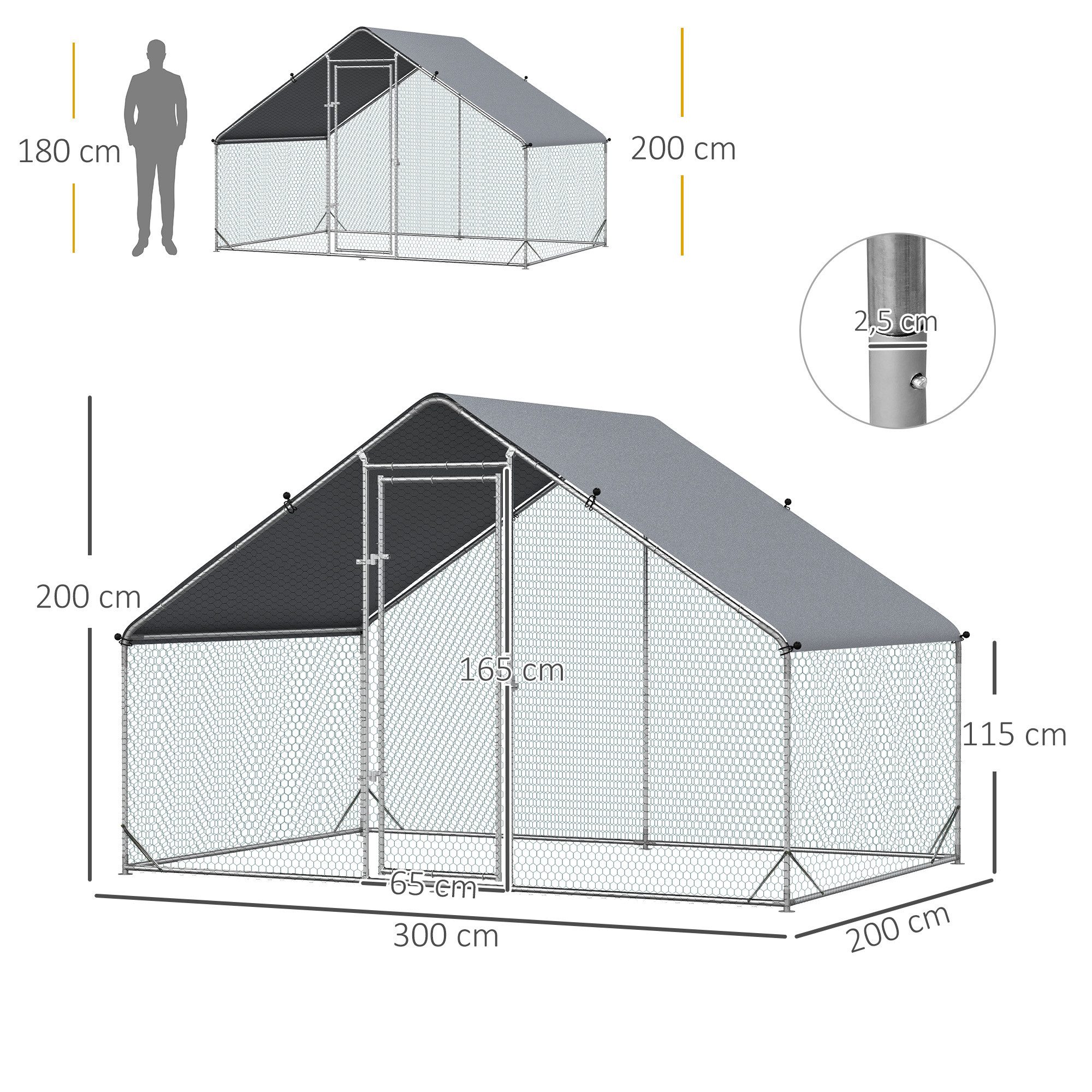 PawHut Hühnerstall 3x2x2 m Freilaufgehege mit Dach, Tür und Schloss, Verzinkter Stahl, für 4-6 Hühner, Kleintiere, Silber+Grau