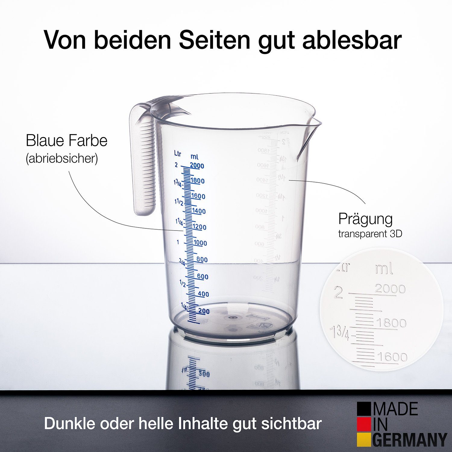 BigDean Messbecher Set - 3 Größen: 500ml, 1L, 2L Skala, hitzebeständig Made in Germany, Kunststoff, (Set, 3-St., Messbecher), Gut ablesbare, feine, blau & weiß geprägte Mess-Skala, Säurebeständig