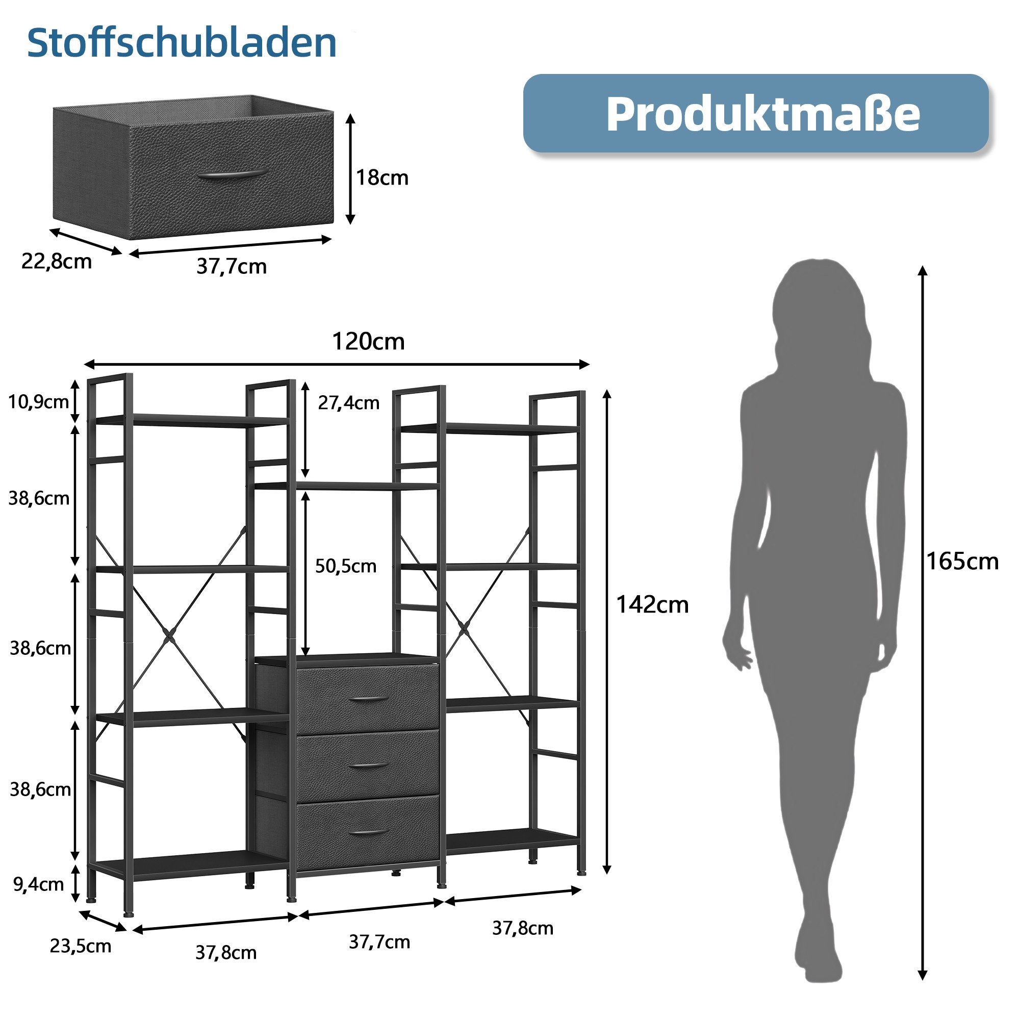 OYRREU Bücherregal mit 3 Stoffschubladen & 10 Ablageböden, Standregal, schlankes Design, höhe 142cm Bücherschrank 1-St., Anti-Kipp-Sicherung, mit offenen Ablage – Bild 2 von 5