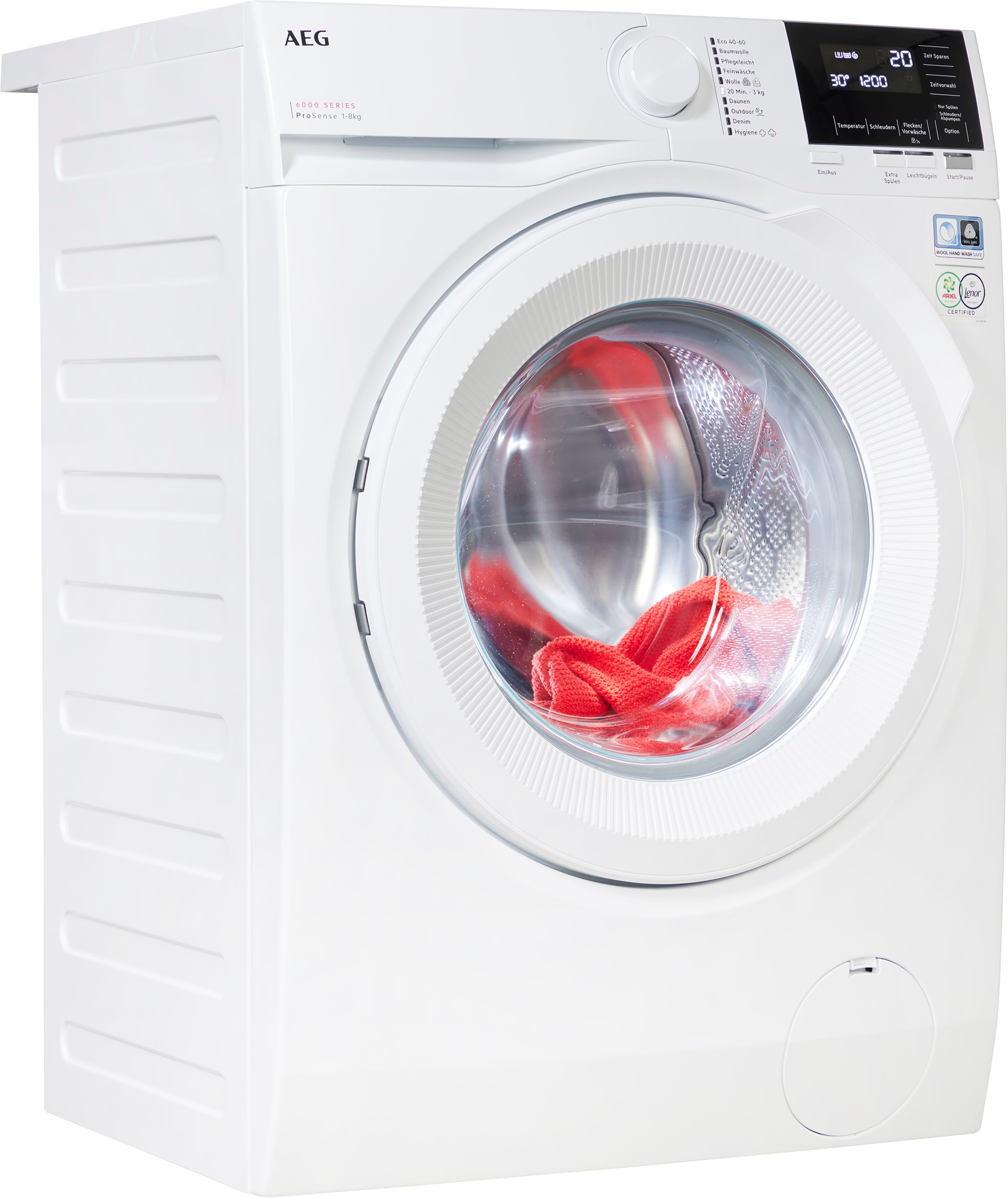 Wasser kg, Mengenautomatik​ 40% ProSense® und AEG Waschmaschine U/min, Energie - LR6A648, spart 6000 1400 bis Zeit, 8