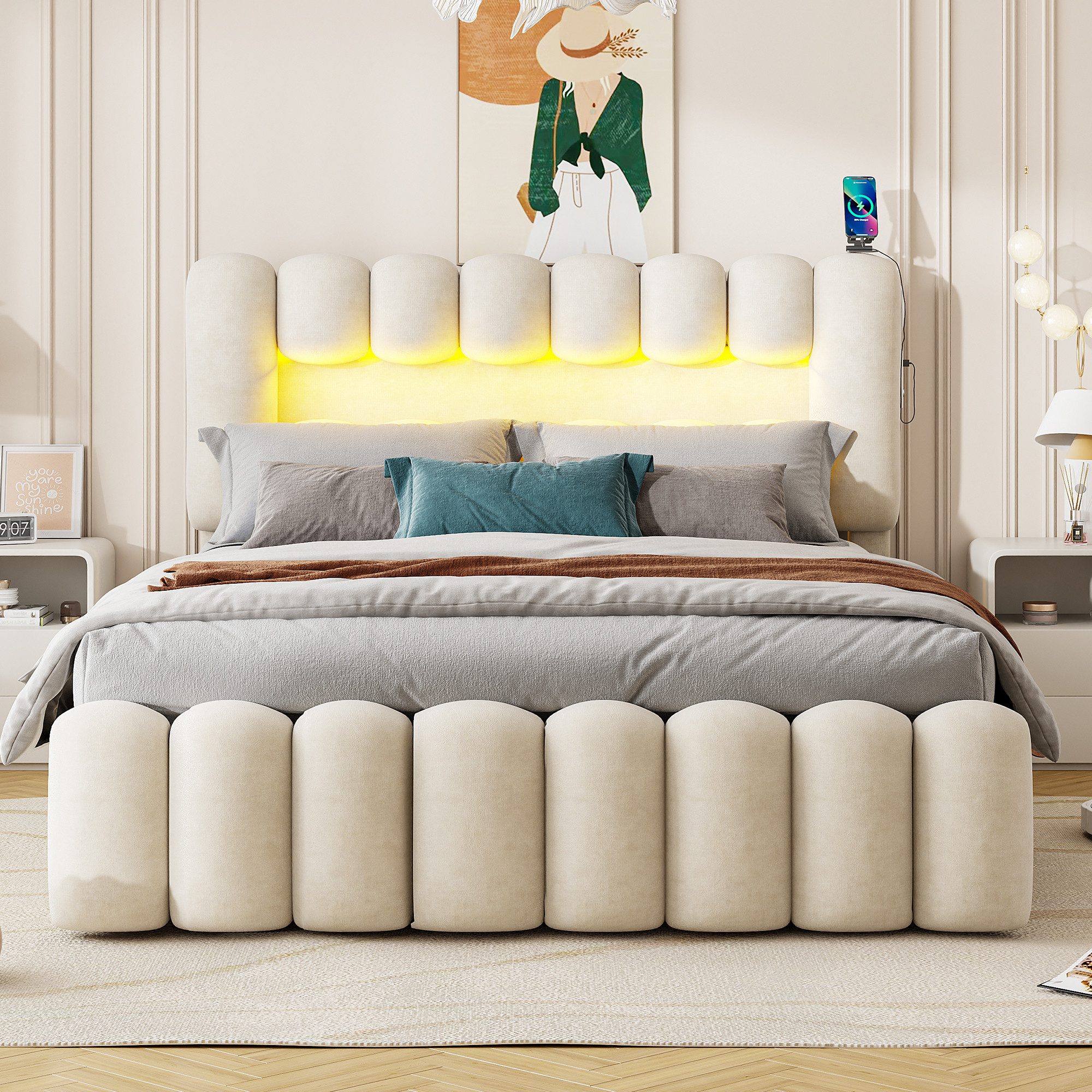 SOFTWEARY Polsterbett mit LED-Beleuchtung und Lautsprecher günstig online kaufen