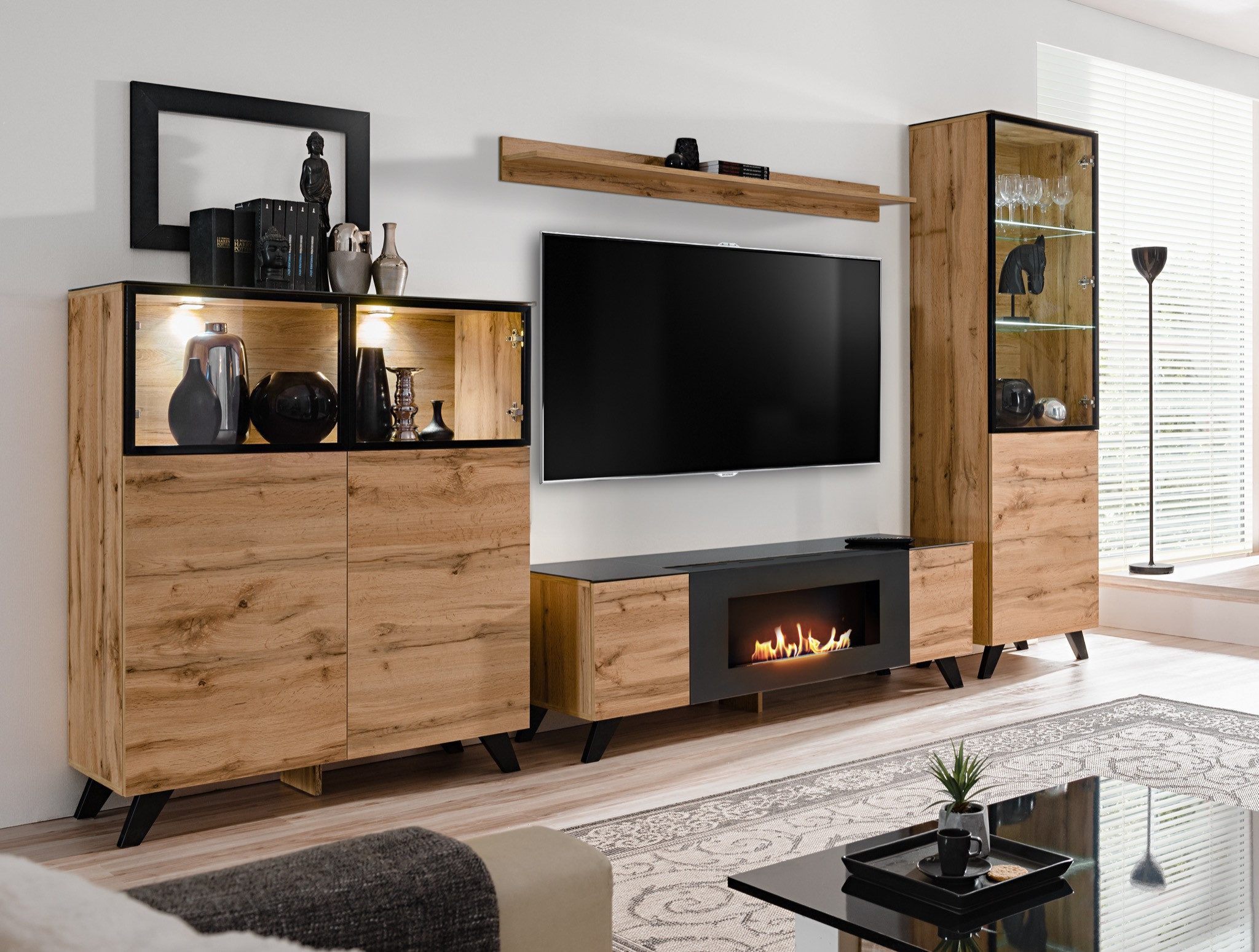 Wohnwand Wohnwand Anbauwand THIN-K LED Bio-Ethanol Kamin Push-Click