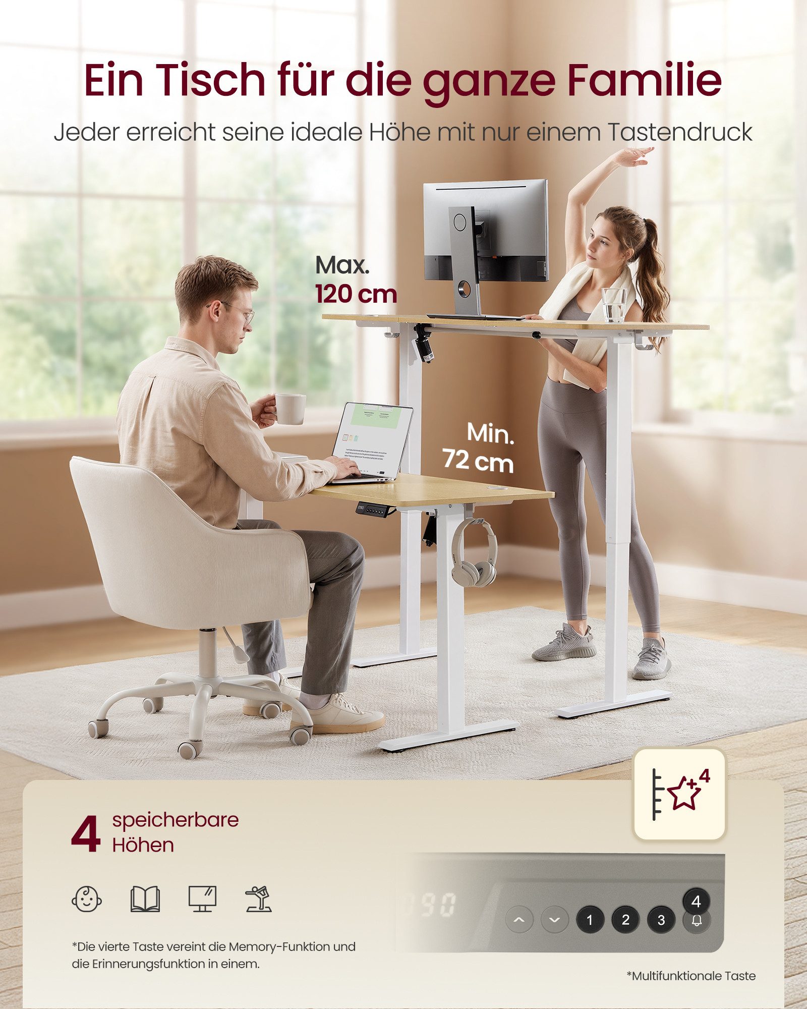 VASAGLE Schreibtisch Höhenverstellbarer, Erinnerung bei langem Sitzen, Stehtisch, Computertisch, Memory-Funktion mit 4 Höhen – Bild 3 von 5