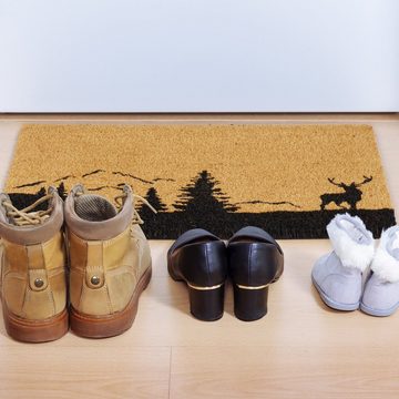 Fußmatte Fußmatte Kokos Hirsch & Bäume, relaxdays, Höhe: 15 mm
