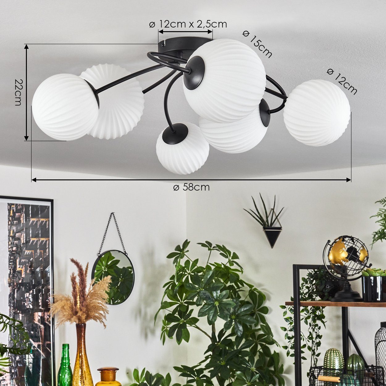 hofstein Deckenleuchte Deckenlampe aus Metall/Glas in Schwarz/Milchglas in Riffel-Optik, ohne Leuchtmittel, Leuchte im Retro-Design aus Glas, 6 x G9 LED, ohne Leuchtmittel