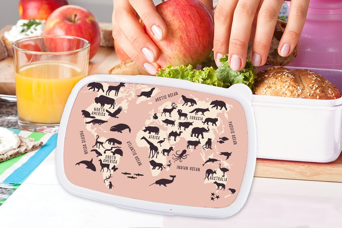 für und Rosa MuchoWow - Tiere, Jungs für Weltkarte Brotdose, Kunststoff, weiß - Lunchbox (2-tlg), und Brotbox Erwachsene, Kinder Mädchen