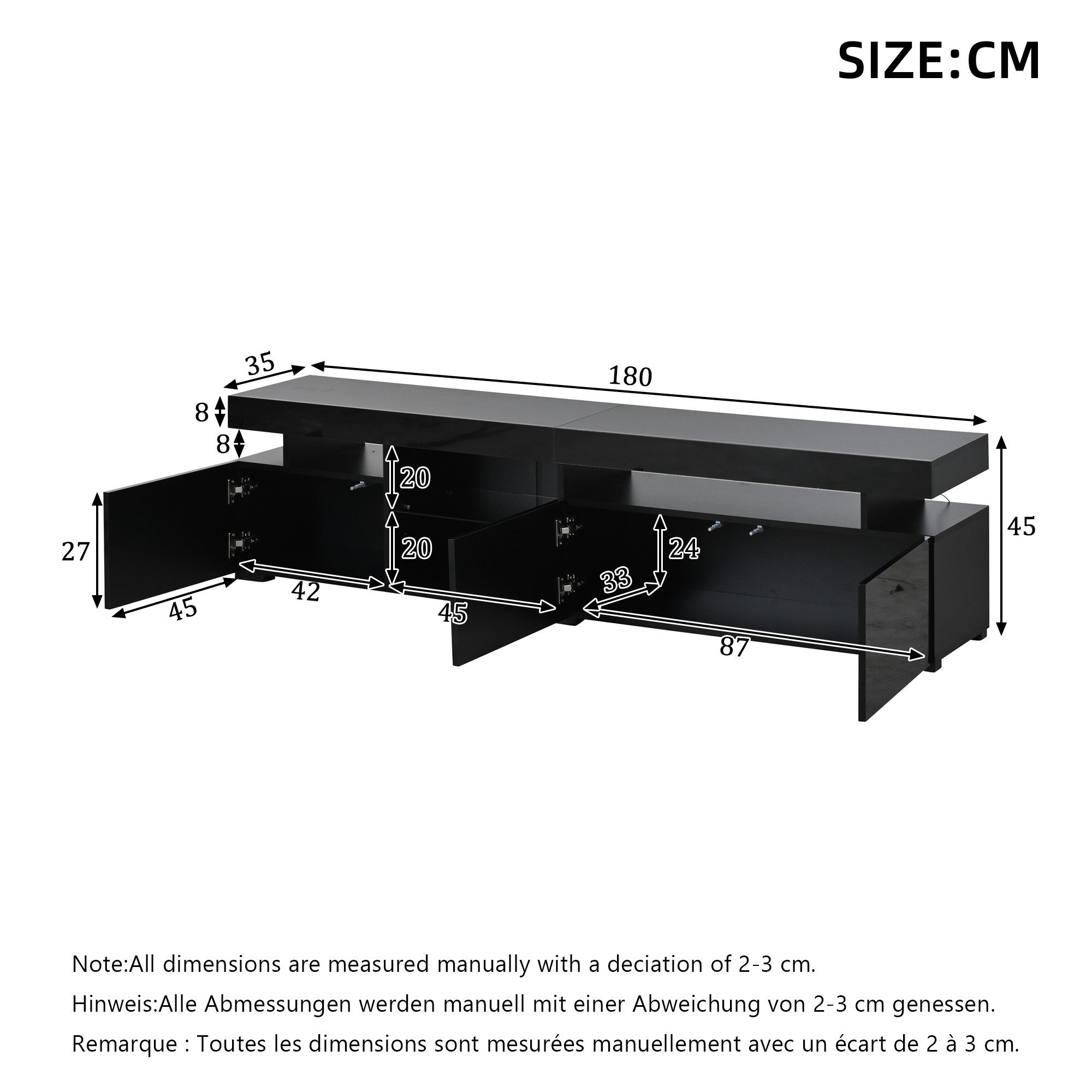 KLAM HOME Lowboard Weißer Hochglanz TV-Schrank 180cm für 80 Zoll mit 3 Türen & LED (Lowboard mit App-gesteuerter Beleuchtung & verstellbarem Glasfach), Moderner TV-Ständer mit viel Stauraum & Hochglanz-Optik für Wohnzimmer