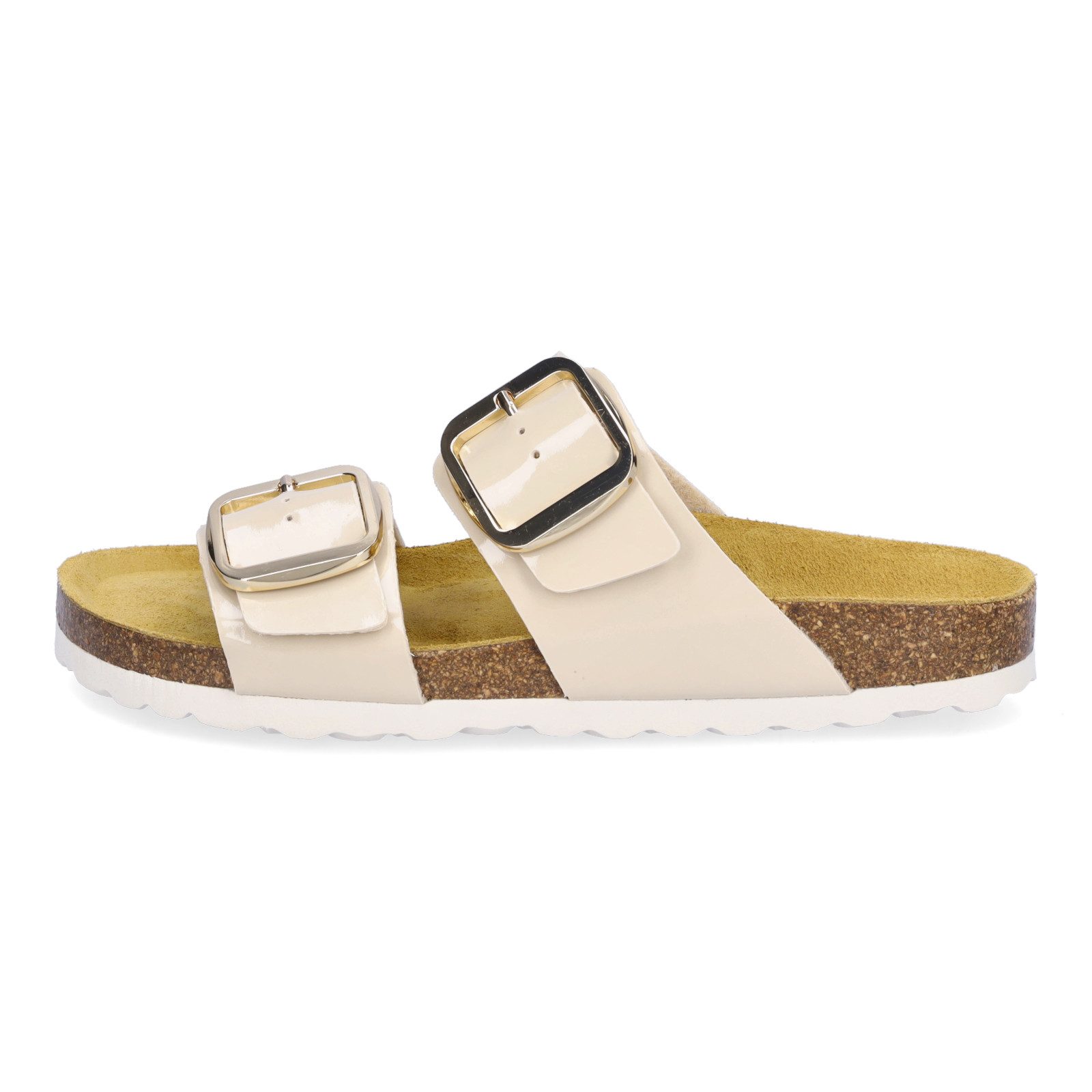 MIDS MIMI Damen Pantolette beige, Zweiriemer in Lackoptik mit großer Schnalle und Lederfußbett