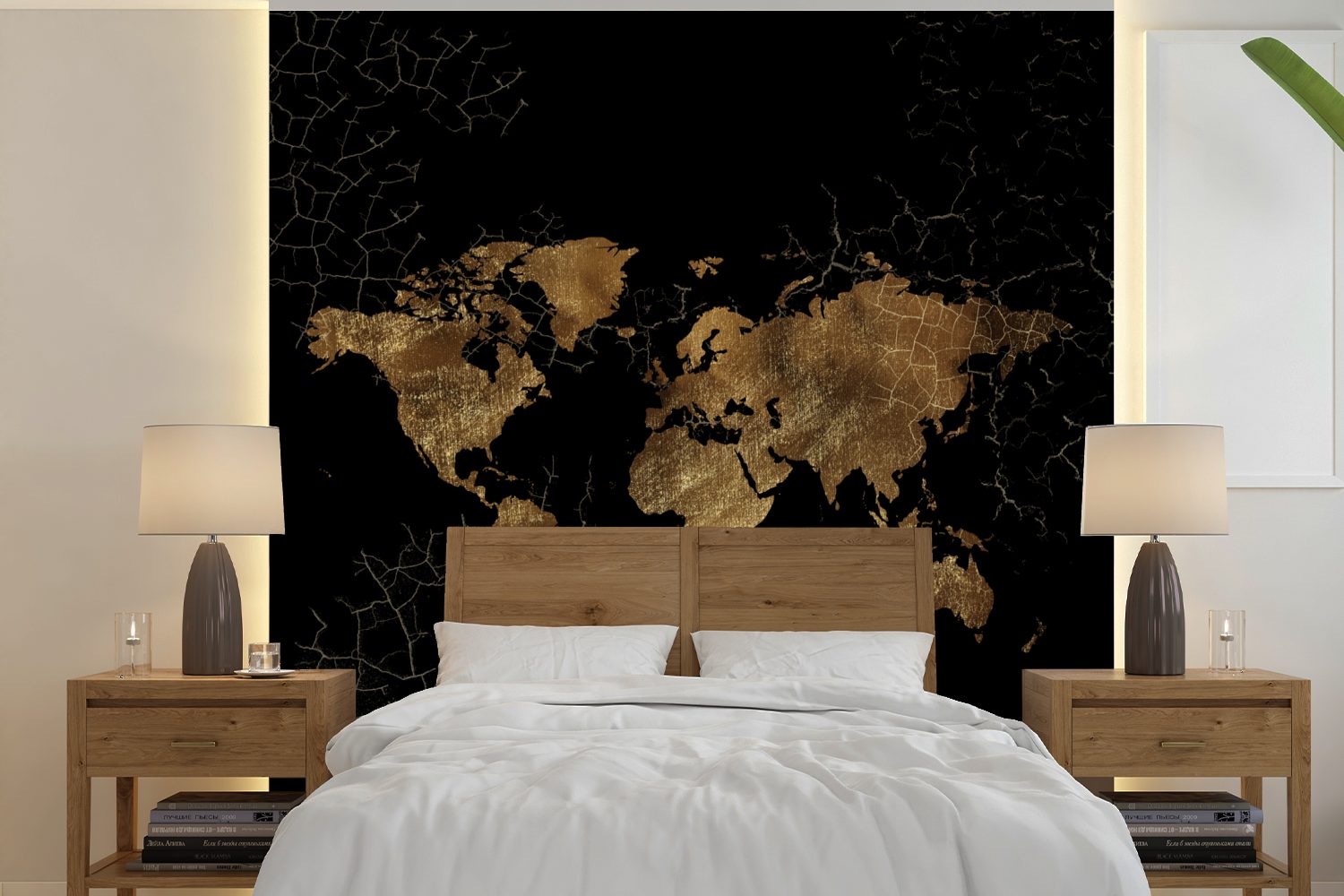 oder Schlafzimmer, bedruckt, Wohnzimmer Weltkarte - Tapete Fototapete Vinyl Matt, MuchoWow für Wandtapete - (5 St), Braun, Linie