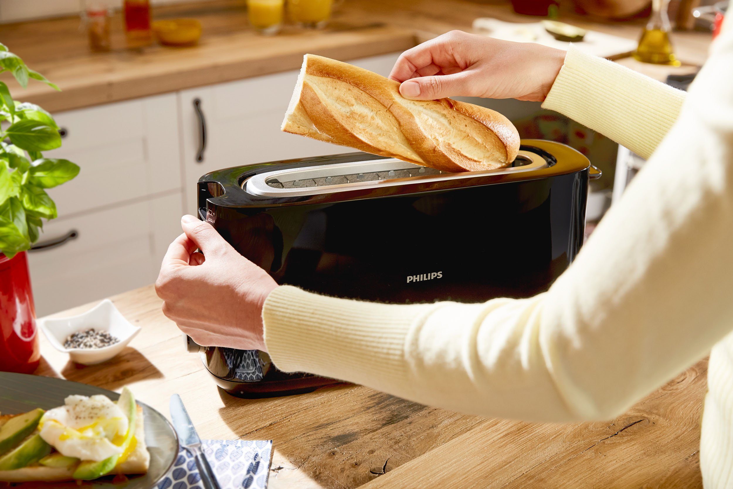 Philips Toaster HD2590/90, 1 langer Schlitz, für 2 Scheiben, 950 W, mit Aufwärm- und Auftaufunktion