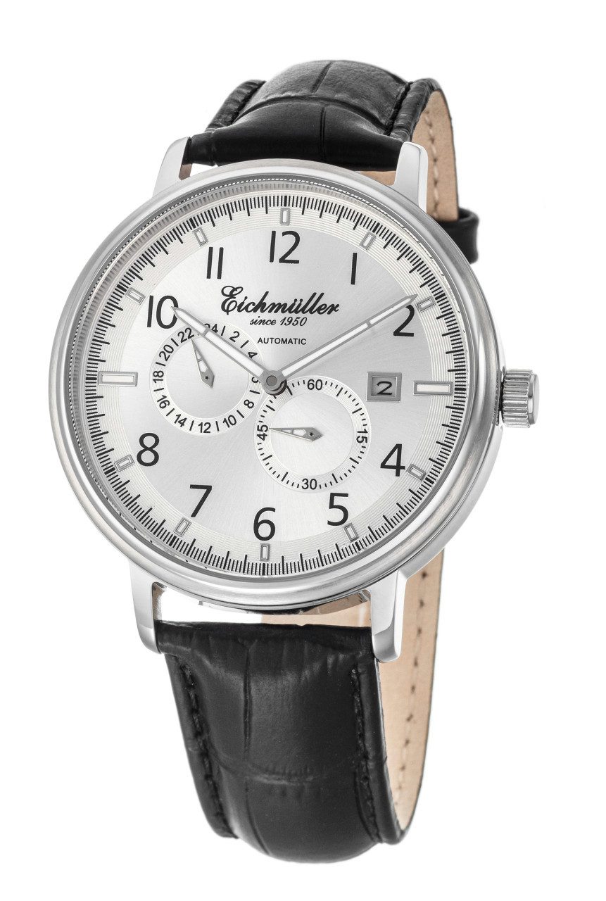 Eichmüller Automatikuhr 42 mm – Herrenuhr mit silbernem Zifferblatt & schwarzem Lederband RE7027, Klassisches Design mit Sichtboden